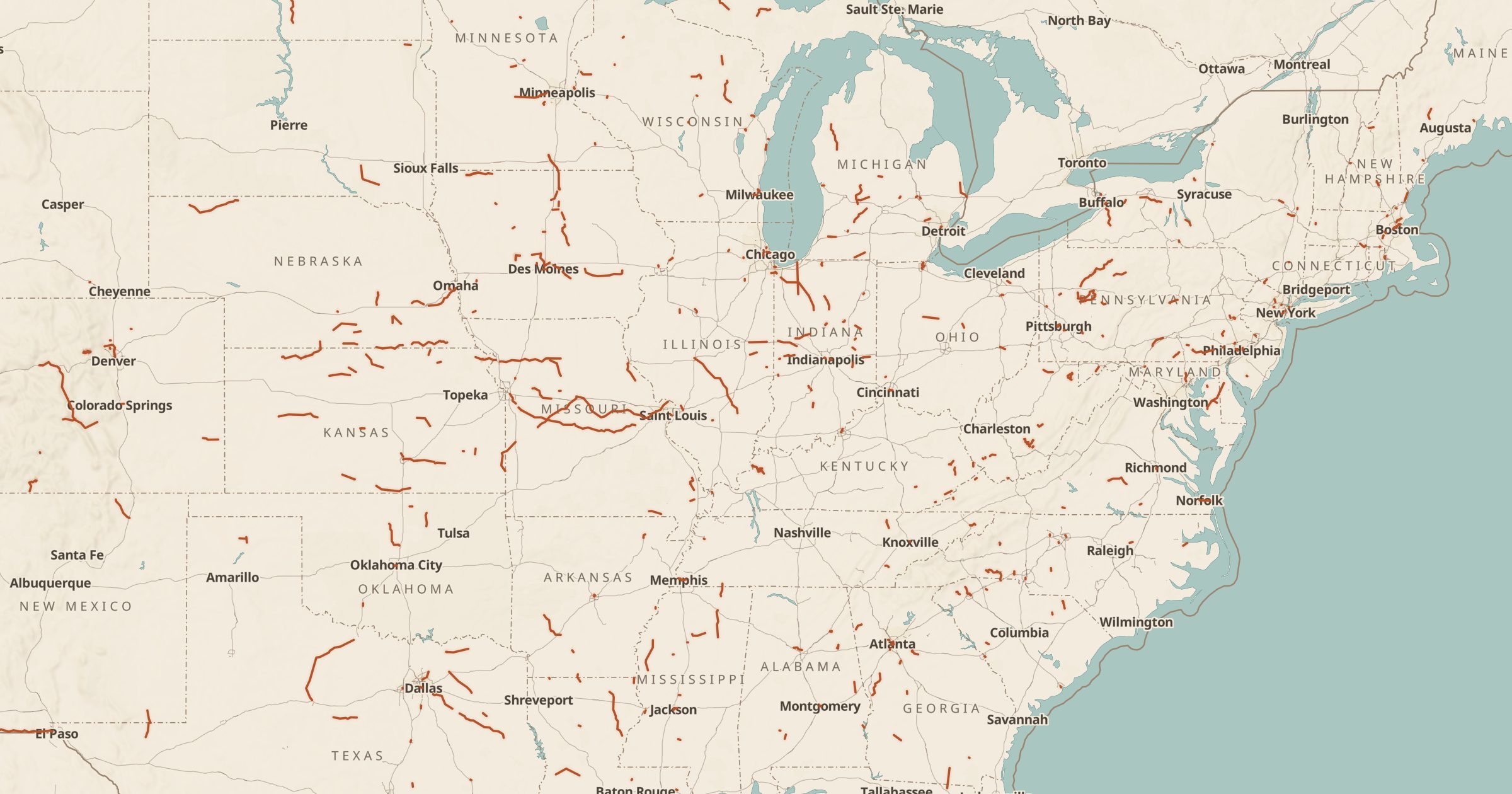 Map of the eastern half of the US with the Abandoned & Railbanked Rail Lines (STB) layer turned on in Bottomless Maps