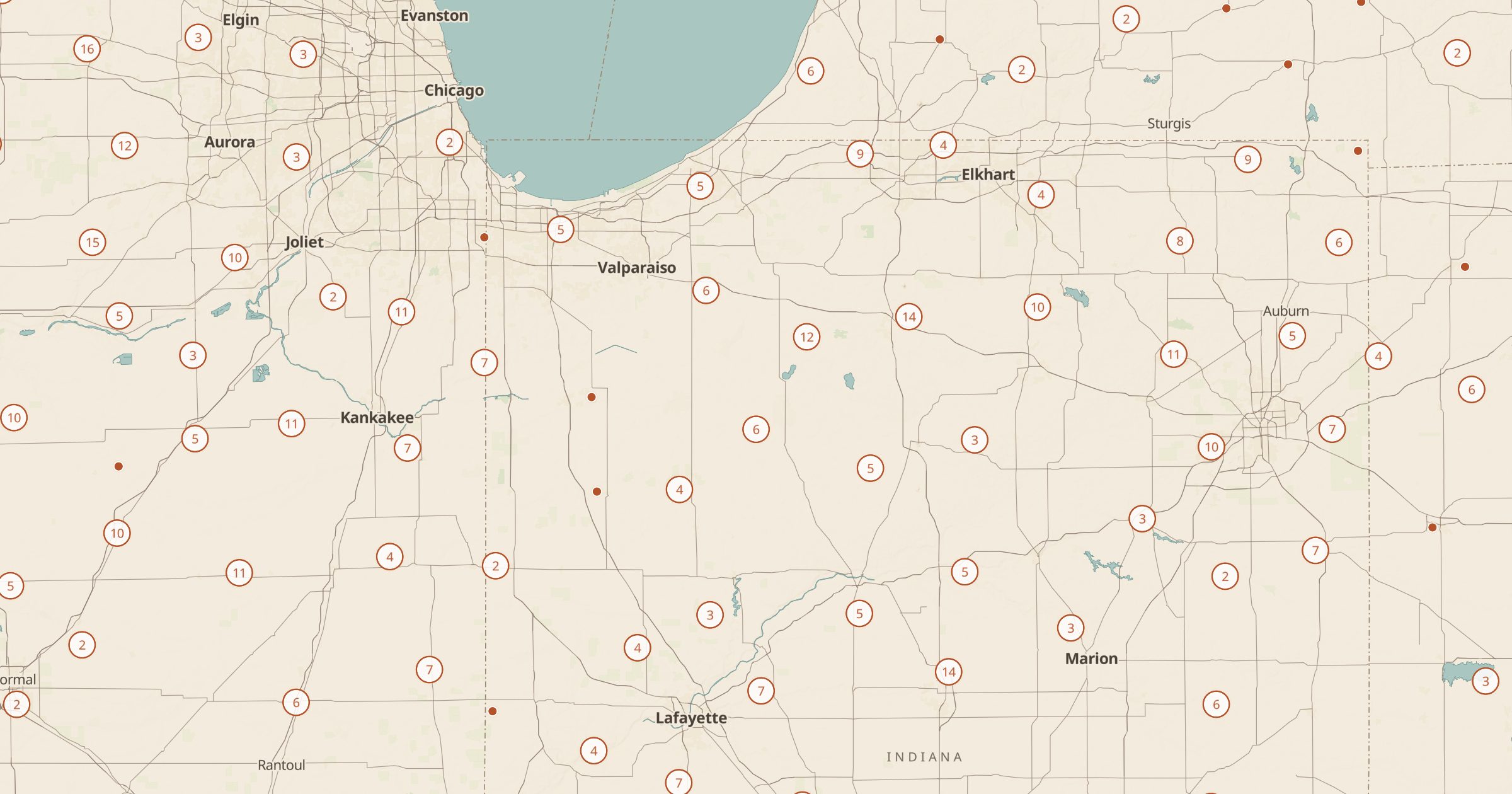 Map of northern Indiana and Illinois with the Airports & Airstrips (OSM) layer turned on in Bottomless Maps
