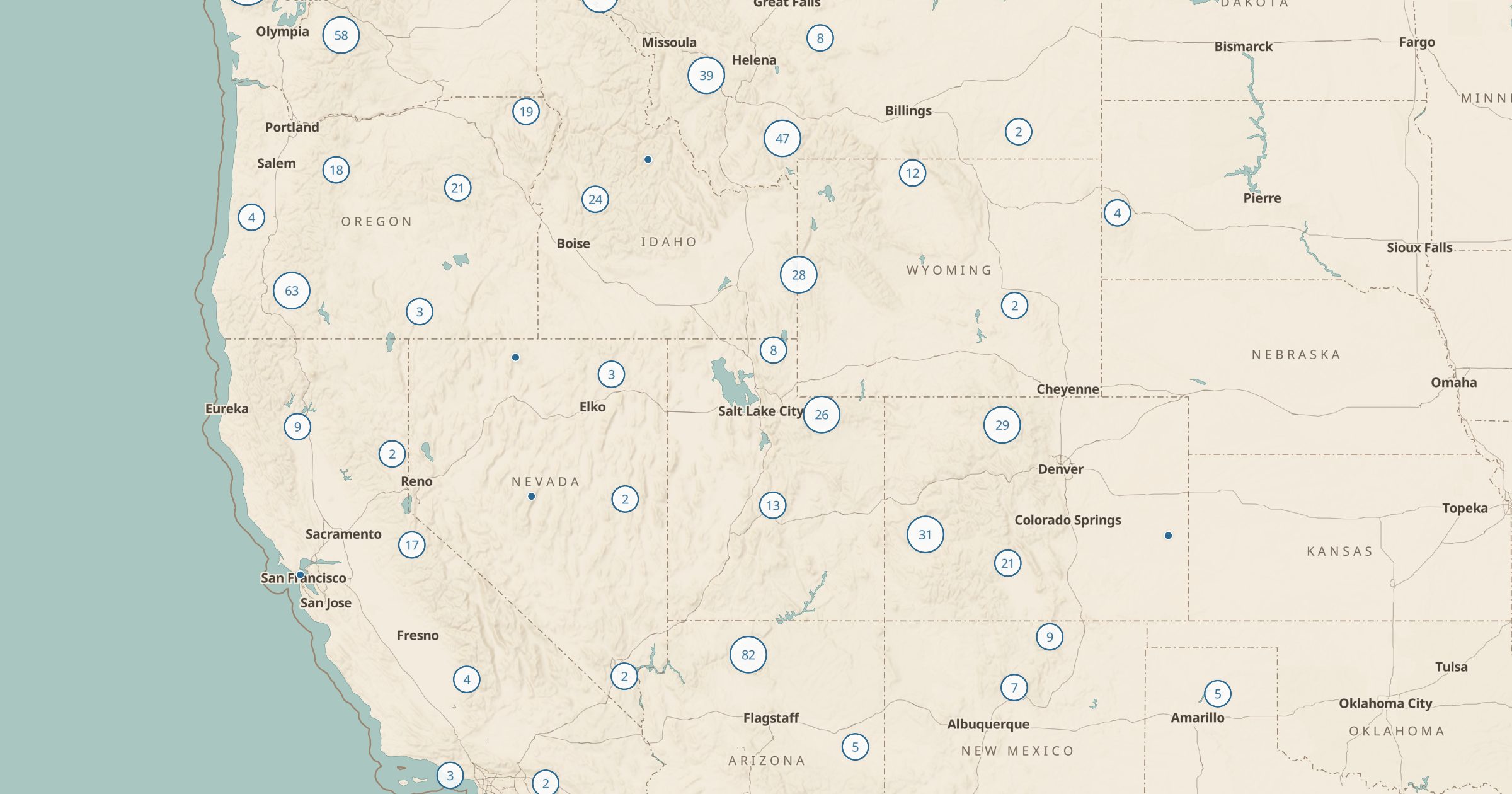 Map of the West with the Backcountry Sites & Shelters layer turned on in Bottomless Maps