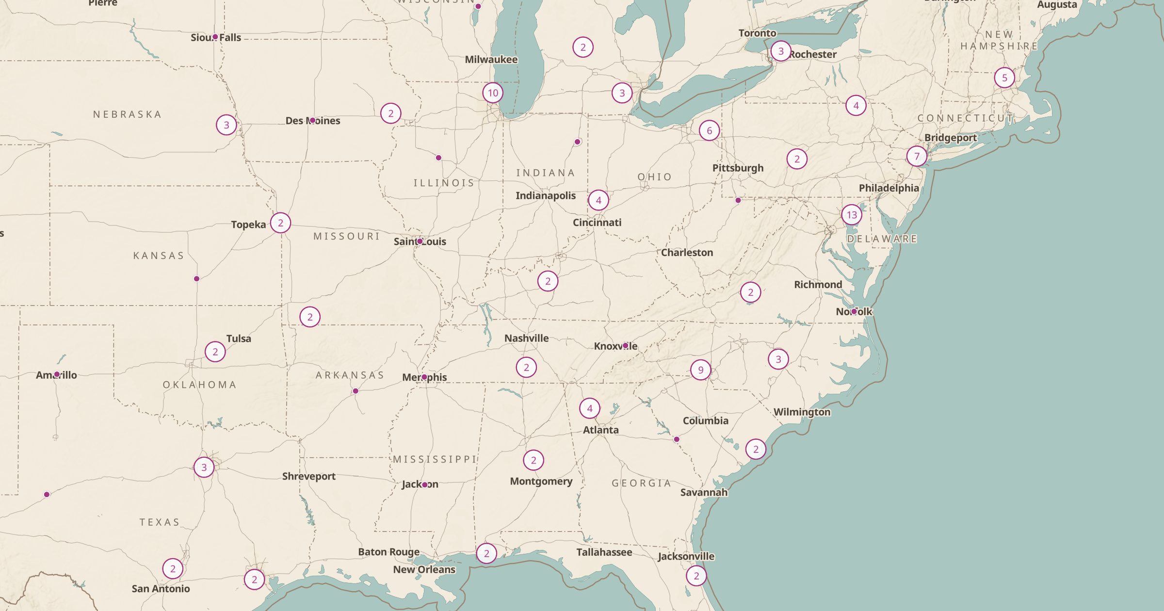 Map of the eastern US with the Ballparks layer turned on in Bottomless Maps
