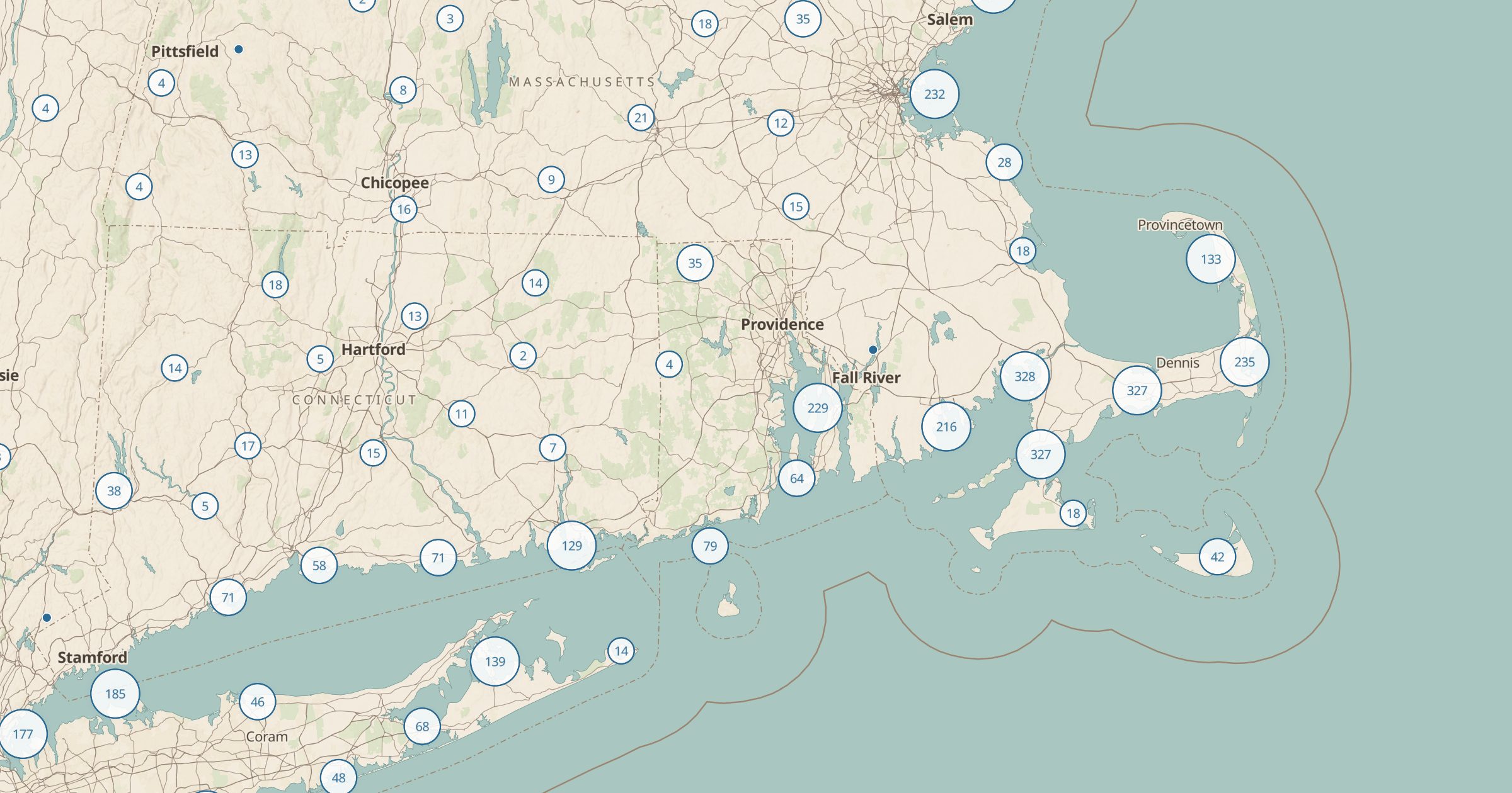 Map of Rhode Island and Massachusetts with the Beaches (OSM) layer turned on in Bottomless Maps