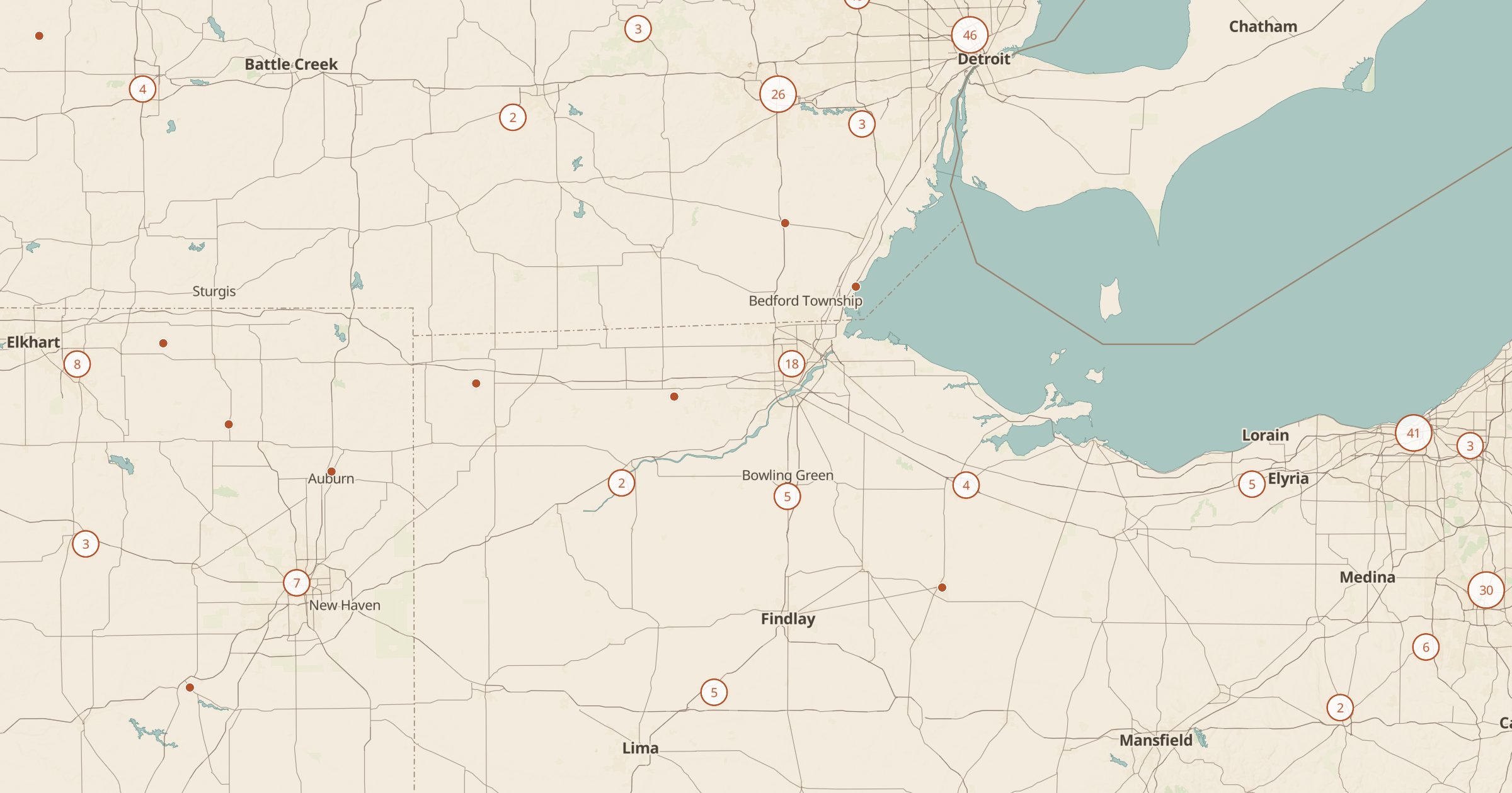 Map of Ohio and Michigan with the Bike Repair Stations (OSM) layer turned on in Bottomless Maps