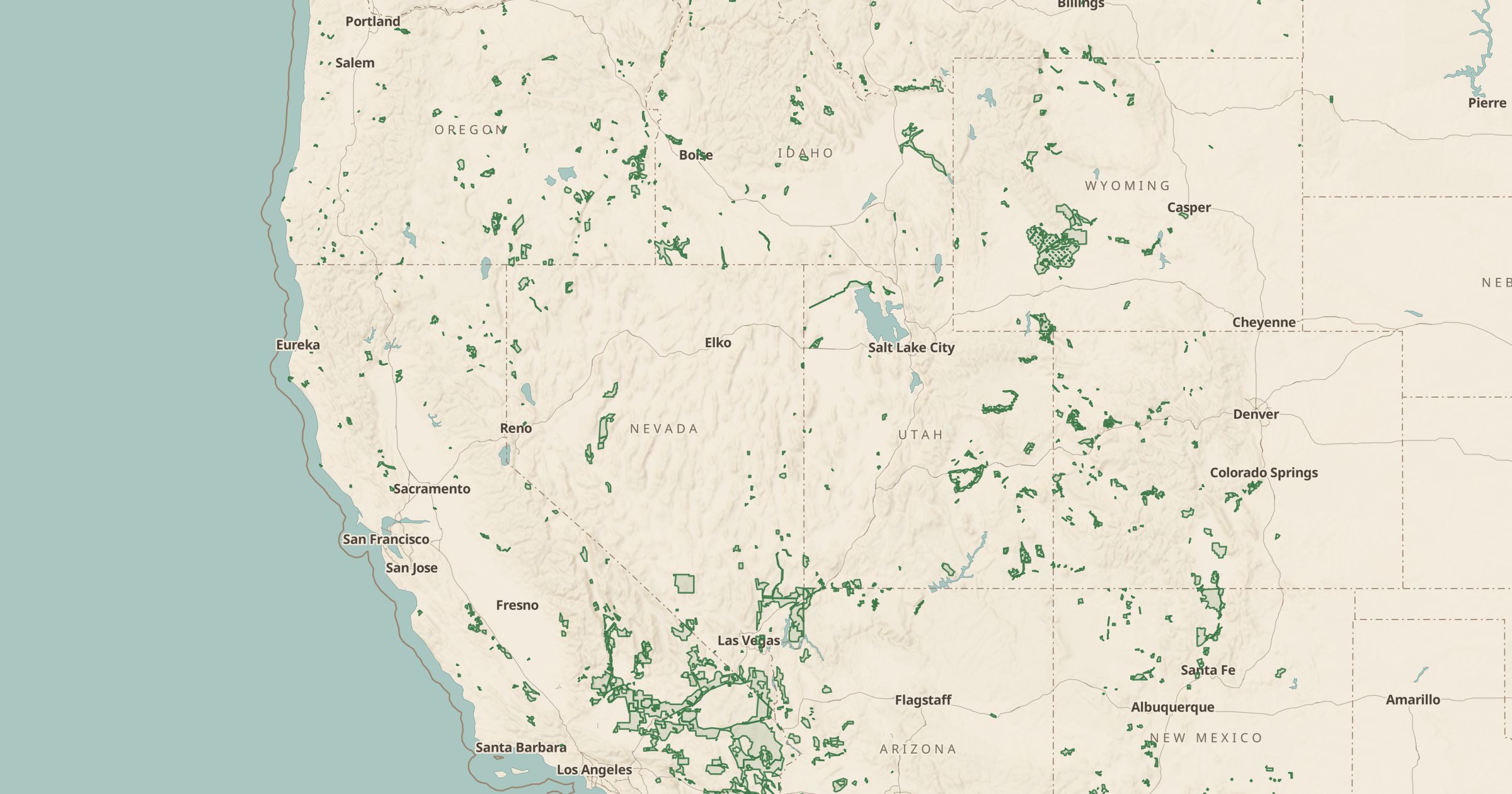 Map of the West with the BLM Areas of Critical Environmental Concern layer turned on in Bottomless Maps