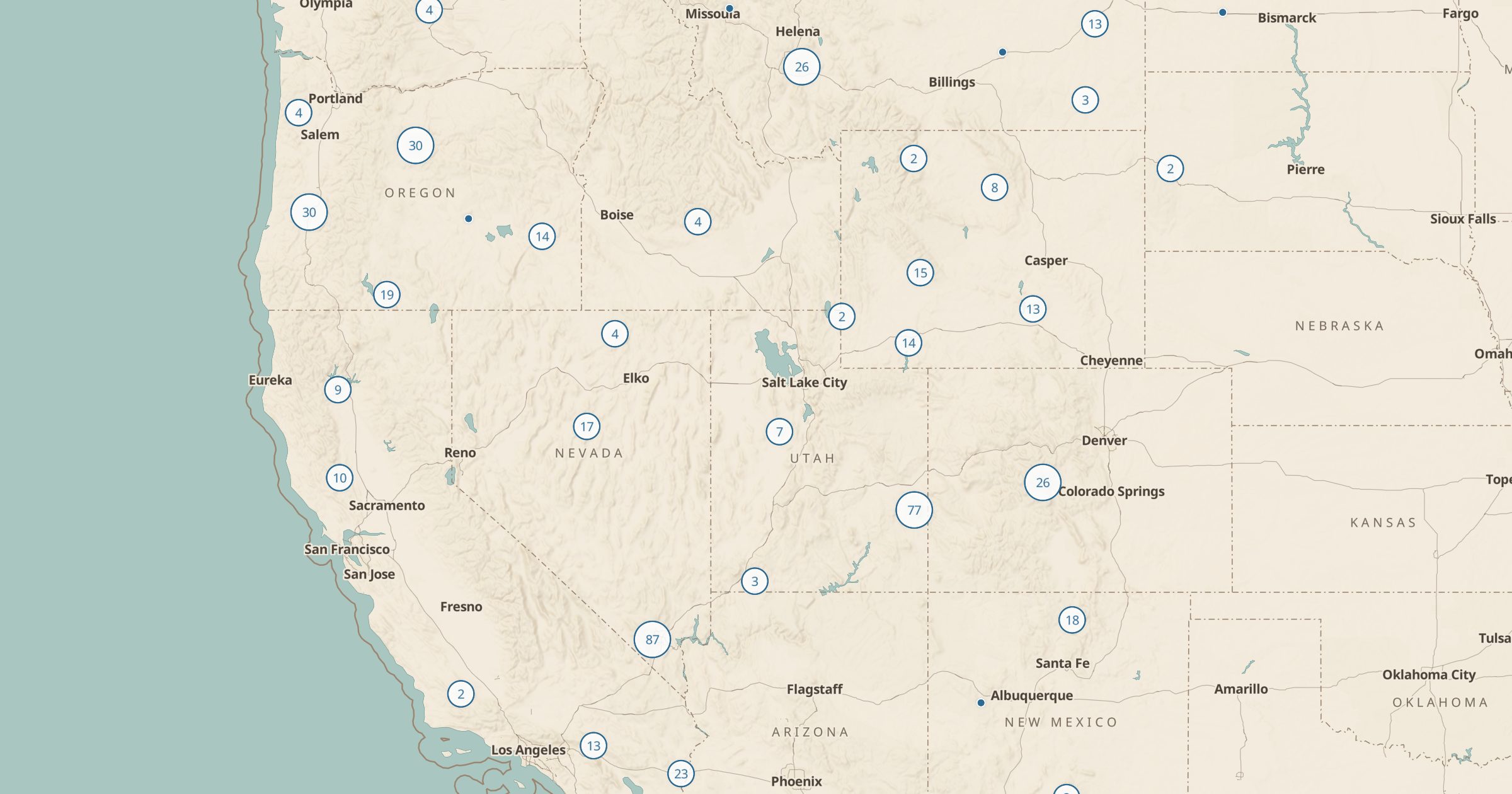 Map of the West with the BLM Campgrounds layer turned on in Bottomless Maps