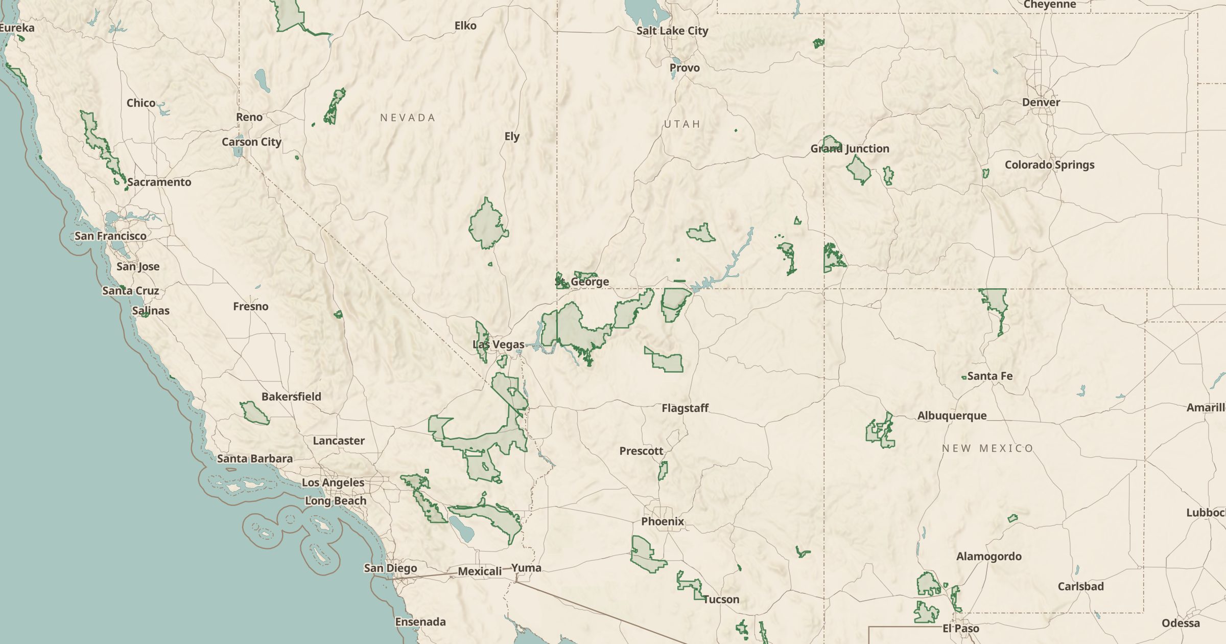 Map of the Southwest with the BLM National Monuments & Conservation Areas layer turned on in Bottomless Maps