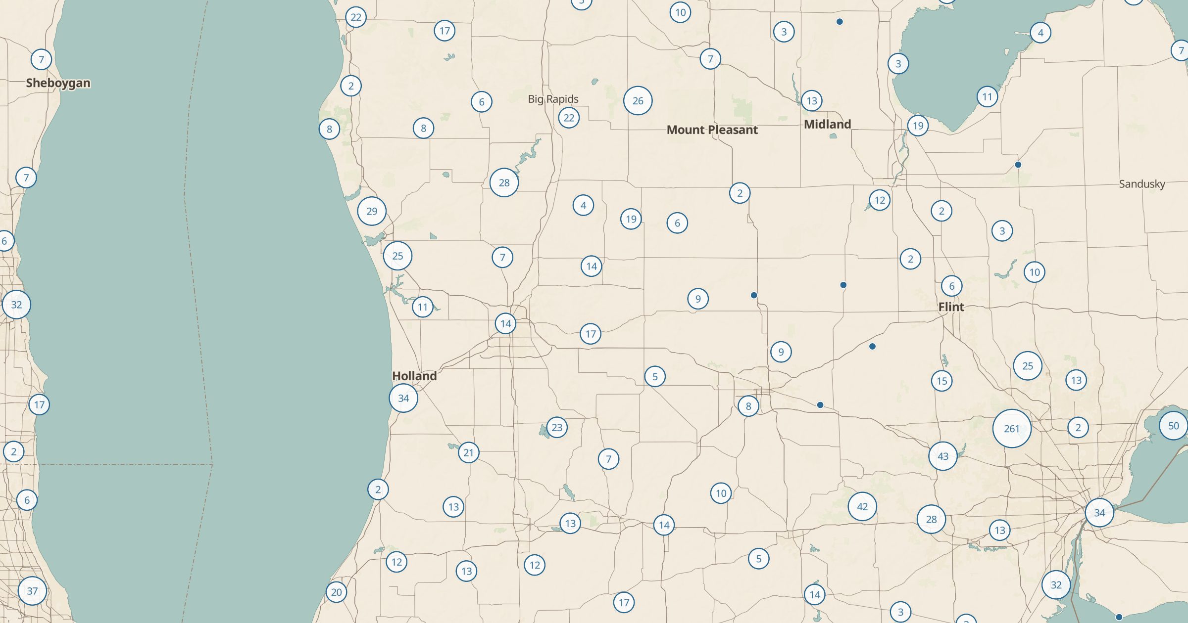 Map of Michigan with the Boat Ramps (OSM) layer turned on in Bottomless Maps