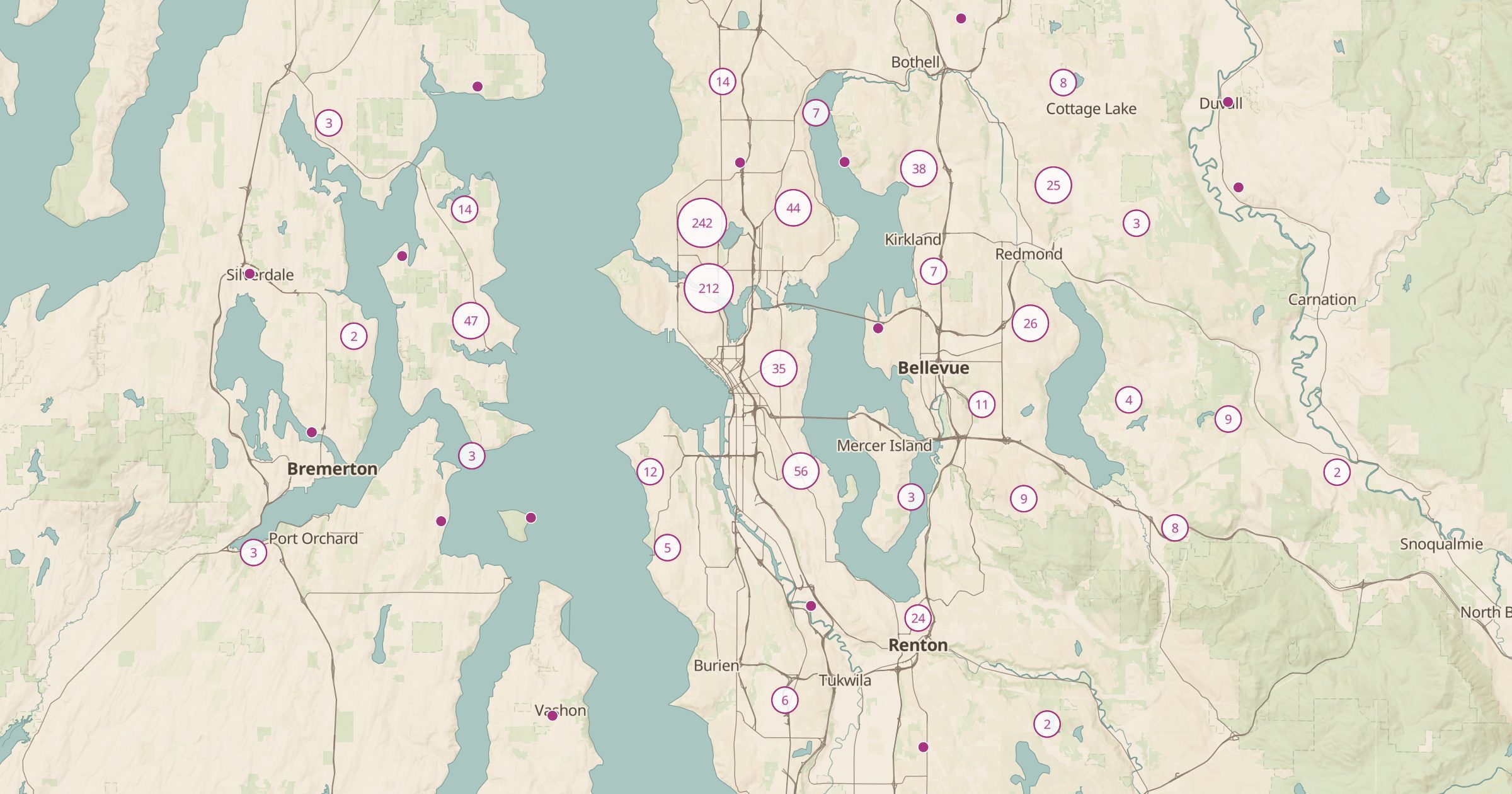 Map of Seattle with the Little Free Libraries & Book Boxes (OSM) layer turned on in Bottomless Maps