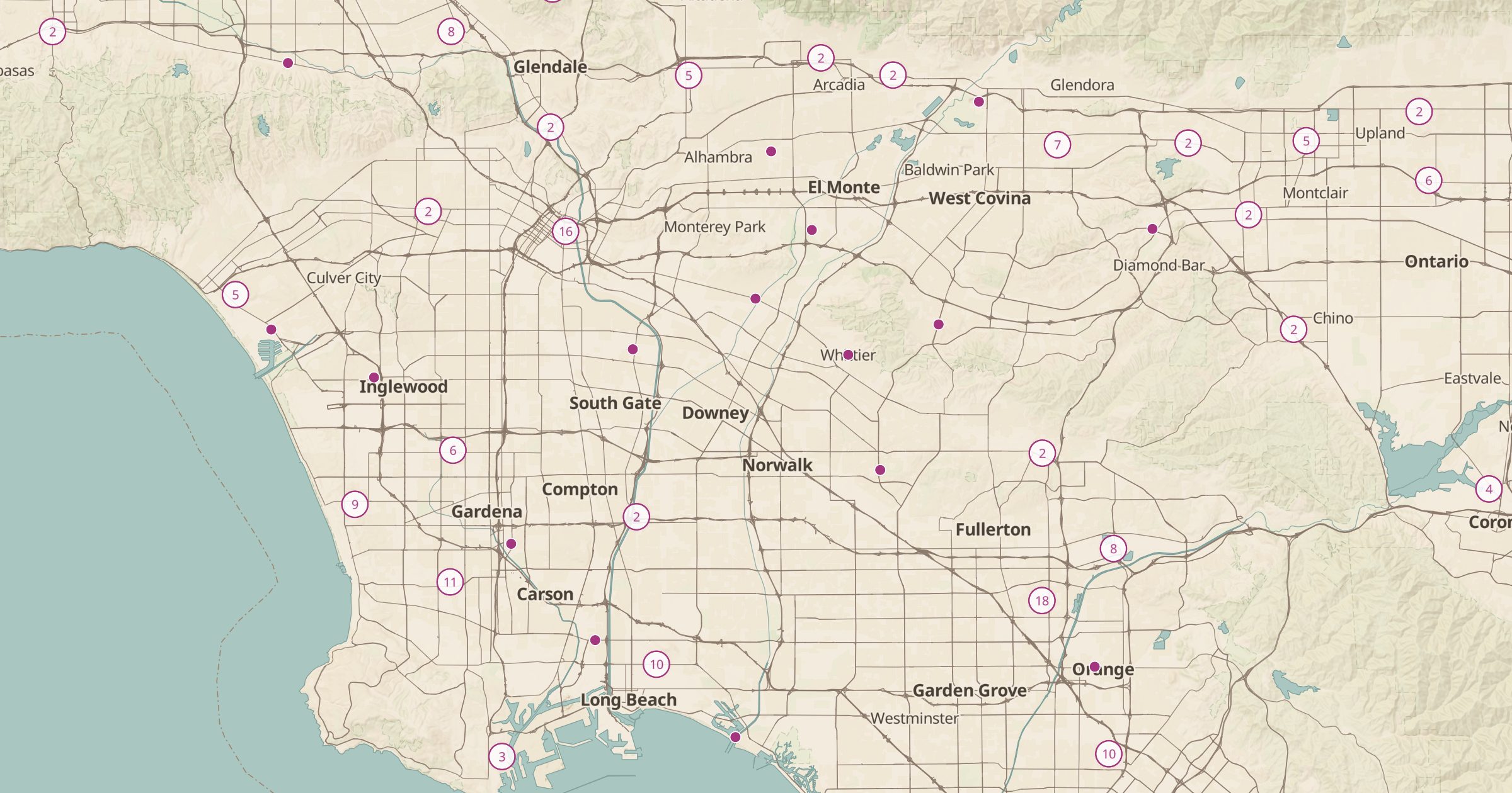 Map of Los Angeles and Orange County with the Breweries layer turned on in Bottomless Maps
