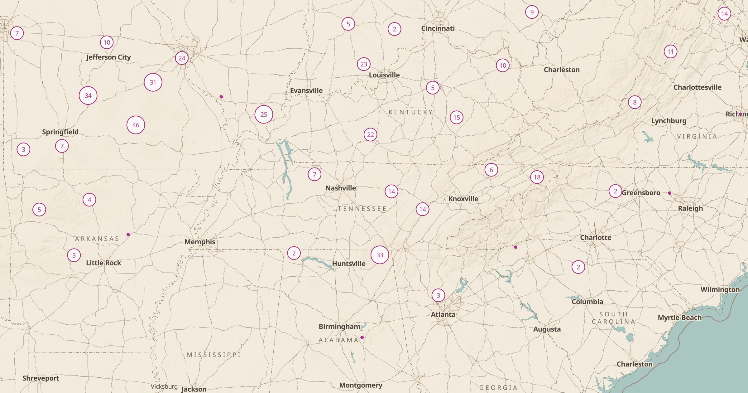 Map of Tennessee, Kentucky and Alabama with the Cave Entrances (OSM) layer turned on in Bottomless Maps