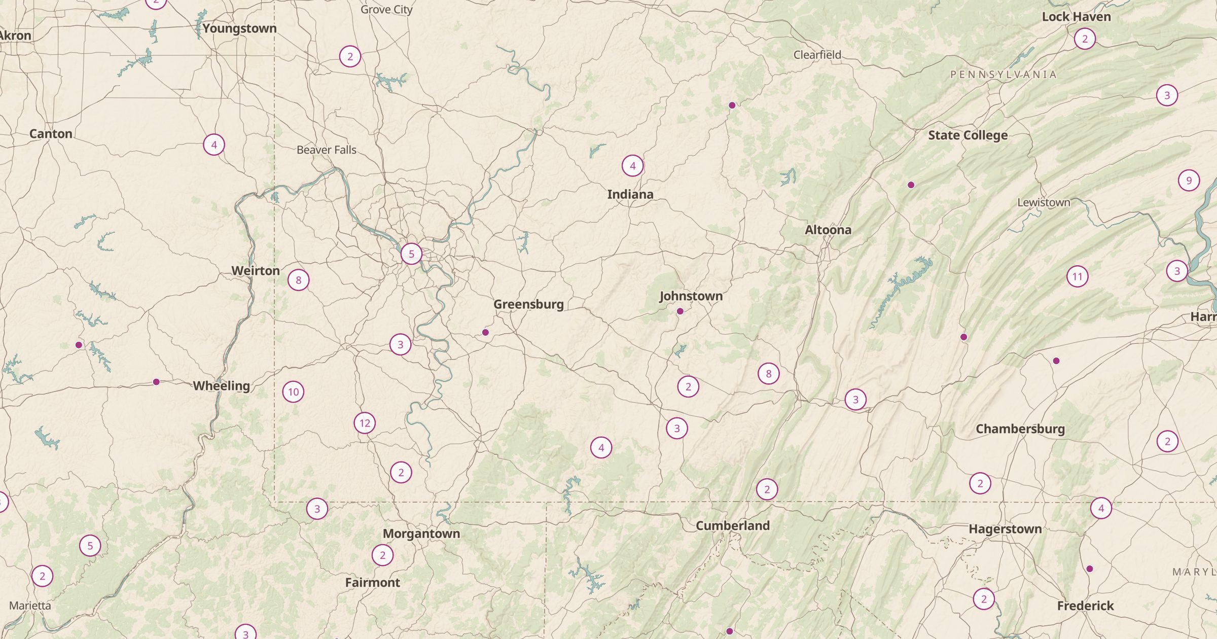 Map of Pennsylvania and Ohio with the Covered Bridges layer turned on in Bottomless Maps