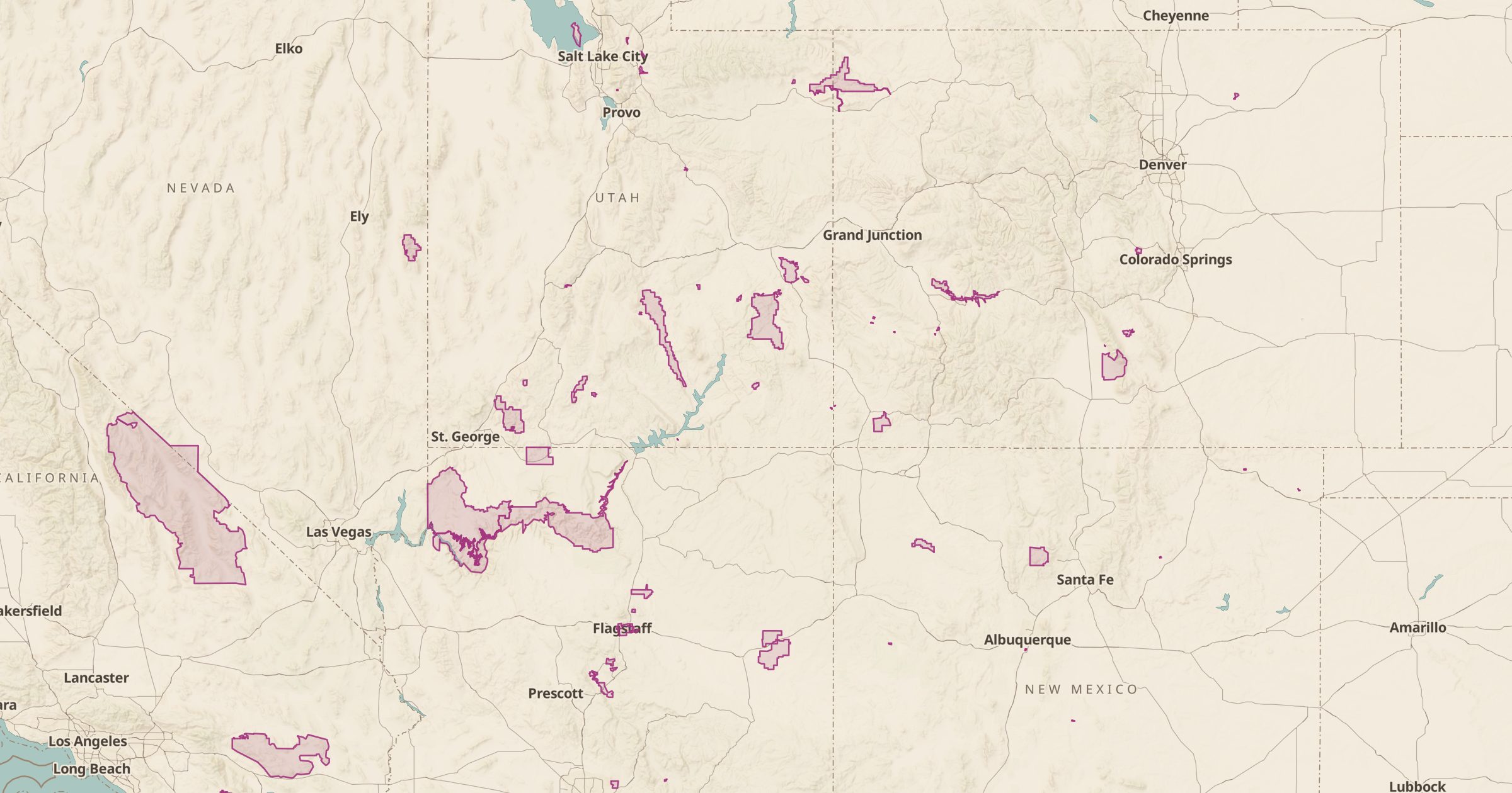 Map of the Colorado Plateau with the International Dark Sky Places layer turned on in Bottomless Maps