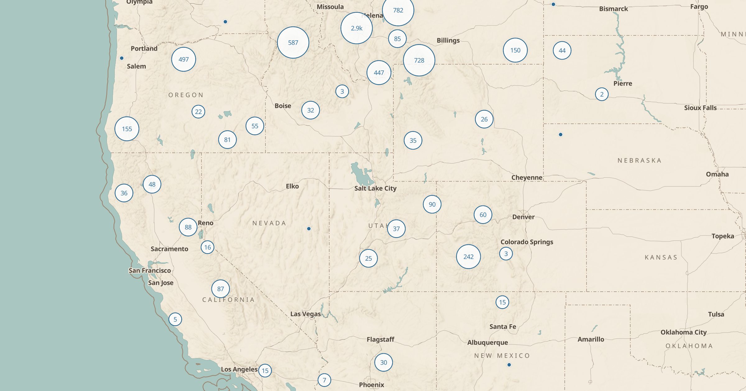 Map of the western United States with yellow clusters of dispersed camping sites, densest in Montana, Idaho and Oregon