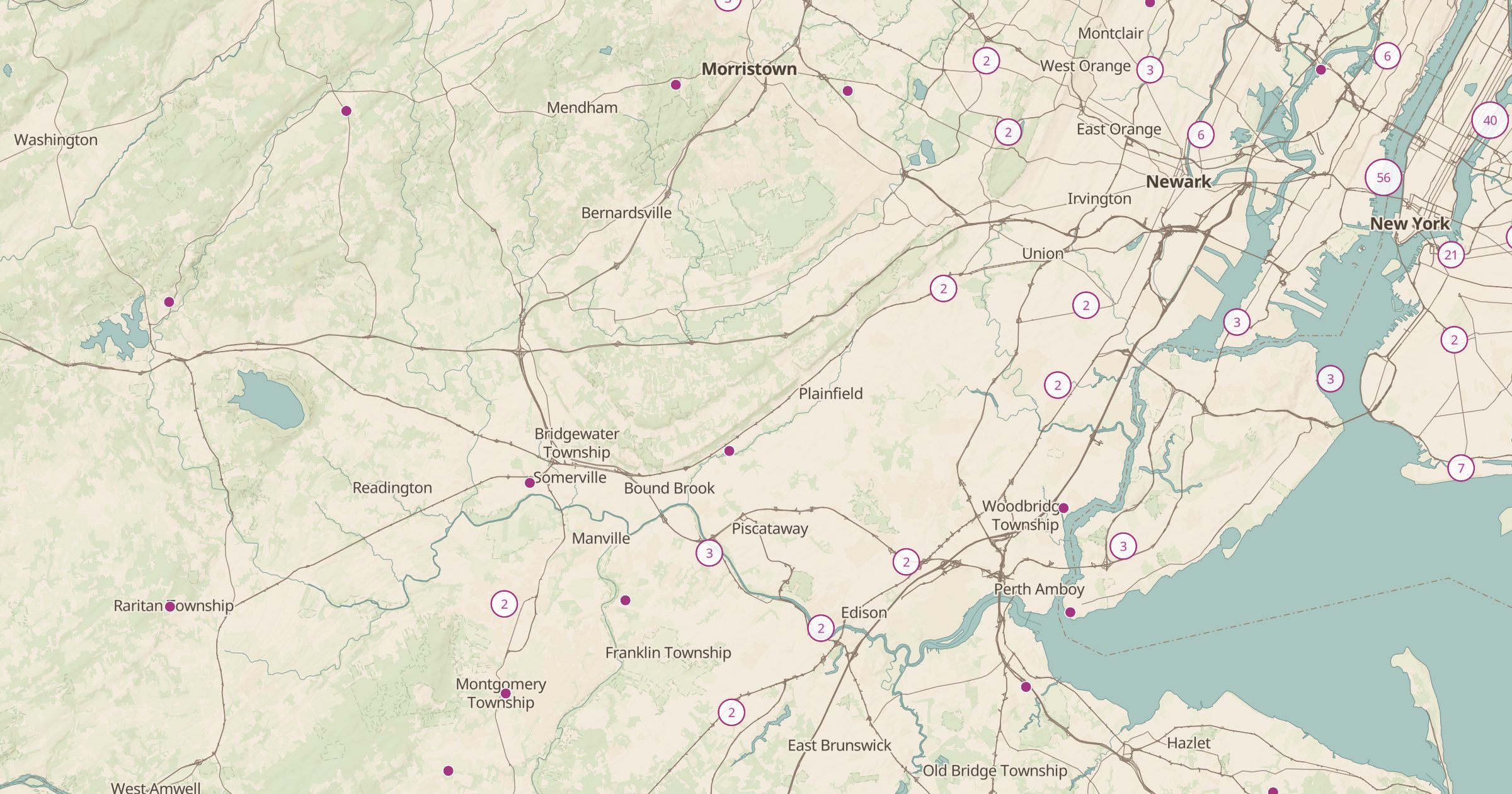 Map of central New Jersey with the Dog Parks (OSM) layer turned on in Bottomless Maps