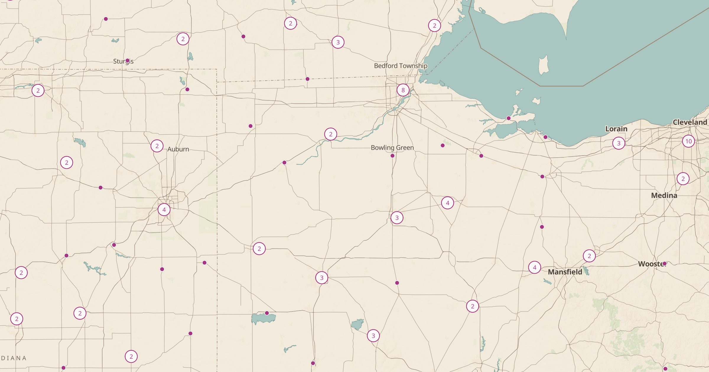 Map of Ohio and Michigan with the Drive-in Theaters layer turned on in Bottomless Maps
