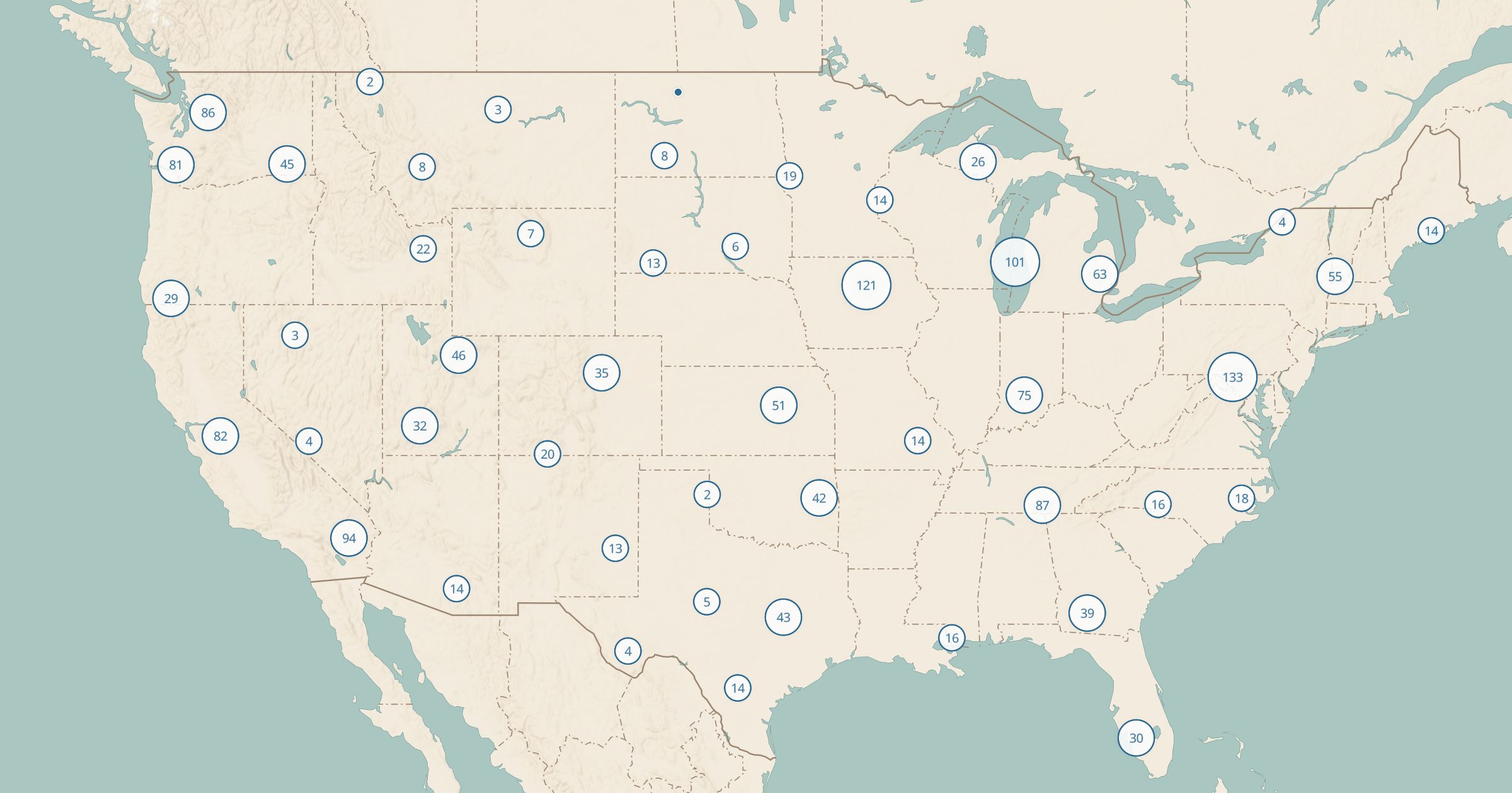 Map of the lower 48 with the RV Dump Stations (OSM) layer turned on in Bottomless Maps