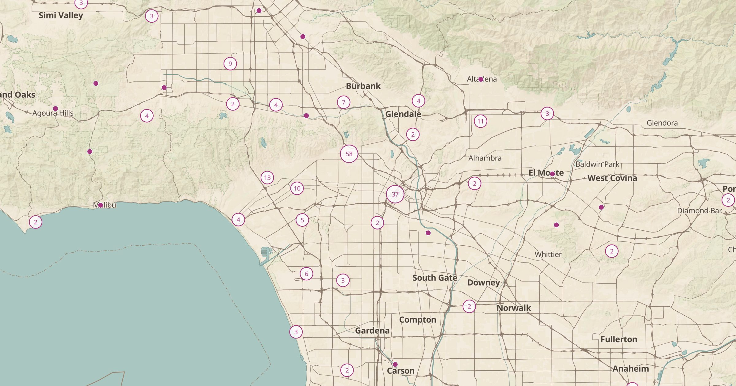 Map of Los Angeles with the Filming Locations (US) layer turned on in Bottomless Maps