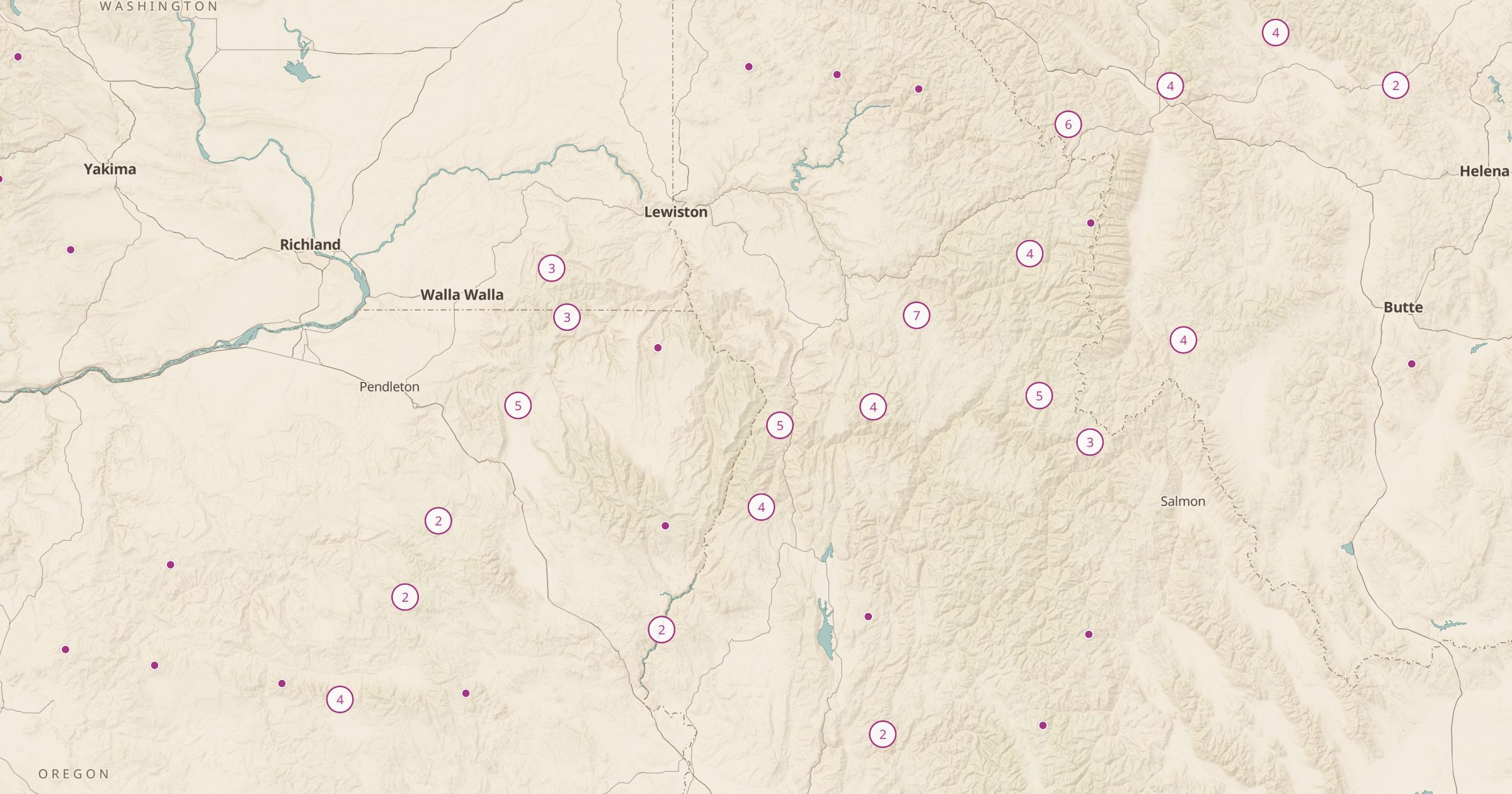 Map of Idaho, Oregon and Washington with the Fire Lookout Towers (OSM) layer turned on in Bottomless Maps