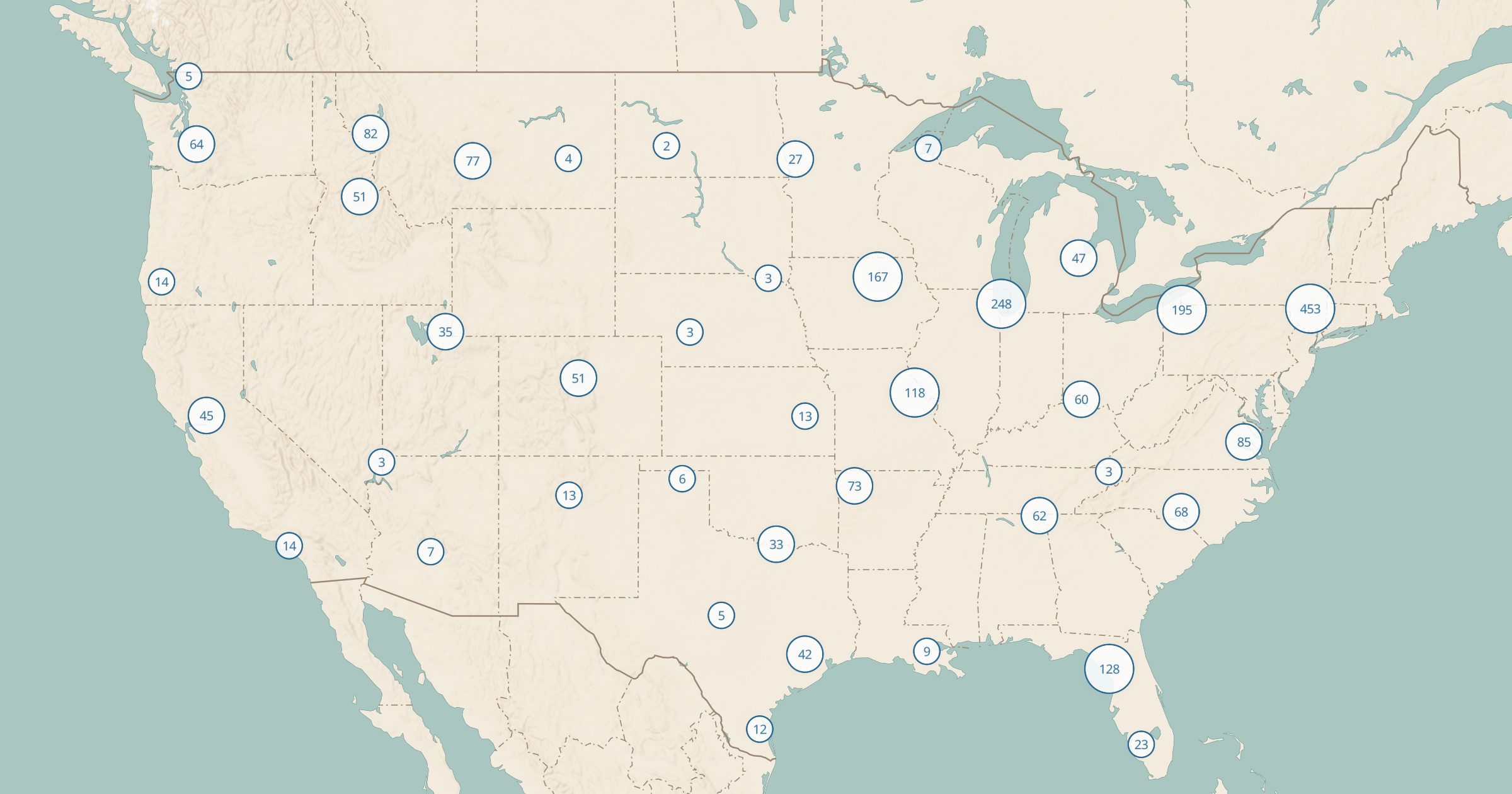 Map of the lower 48 with the Fishing Spots (OSM) layer turned on in Bottomless Maps