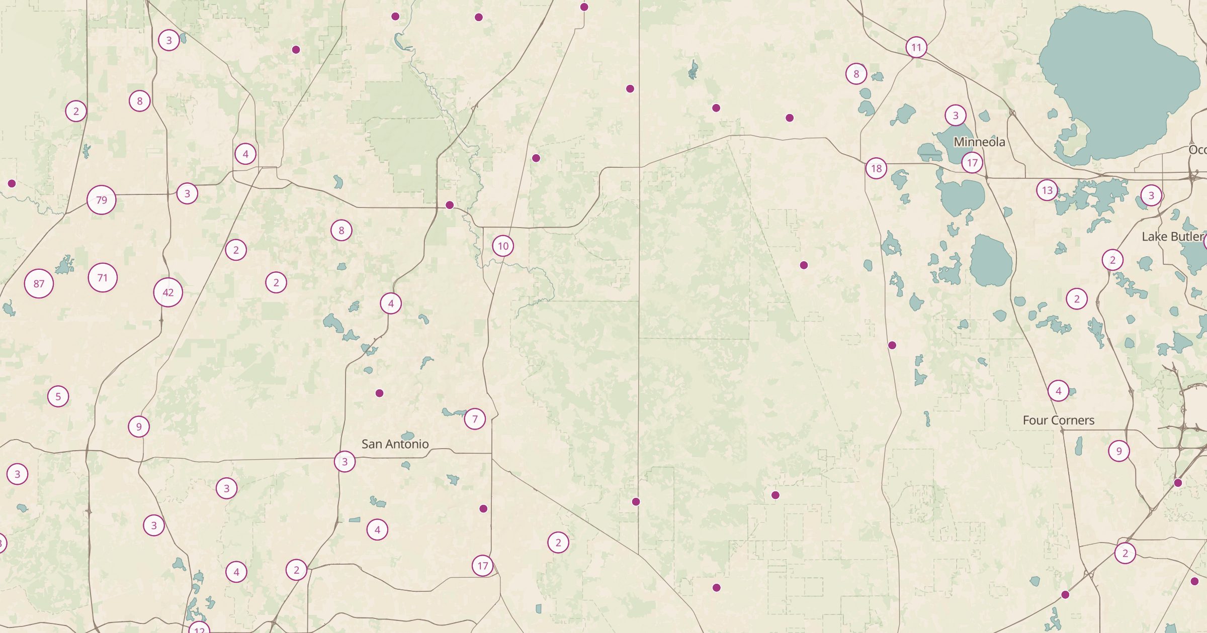 Map of central Florida, north of Tampa with the Florida Sinkhole Reports layer turned on in Bottomless Maps