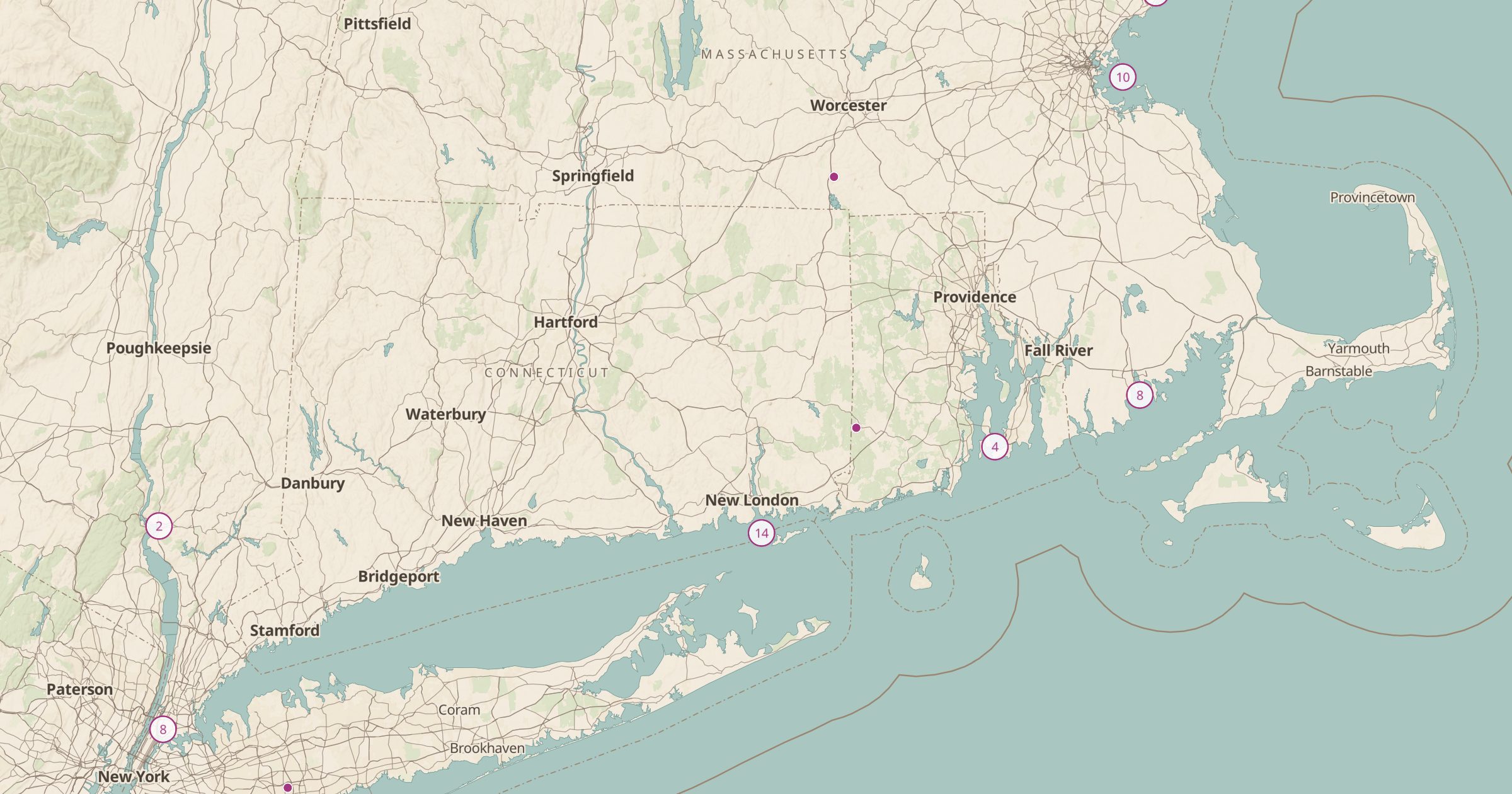 Map of Connecticut and Rhode Island with the Forts (OSM) layer turned on in Bottomless Maps