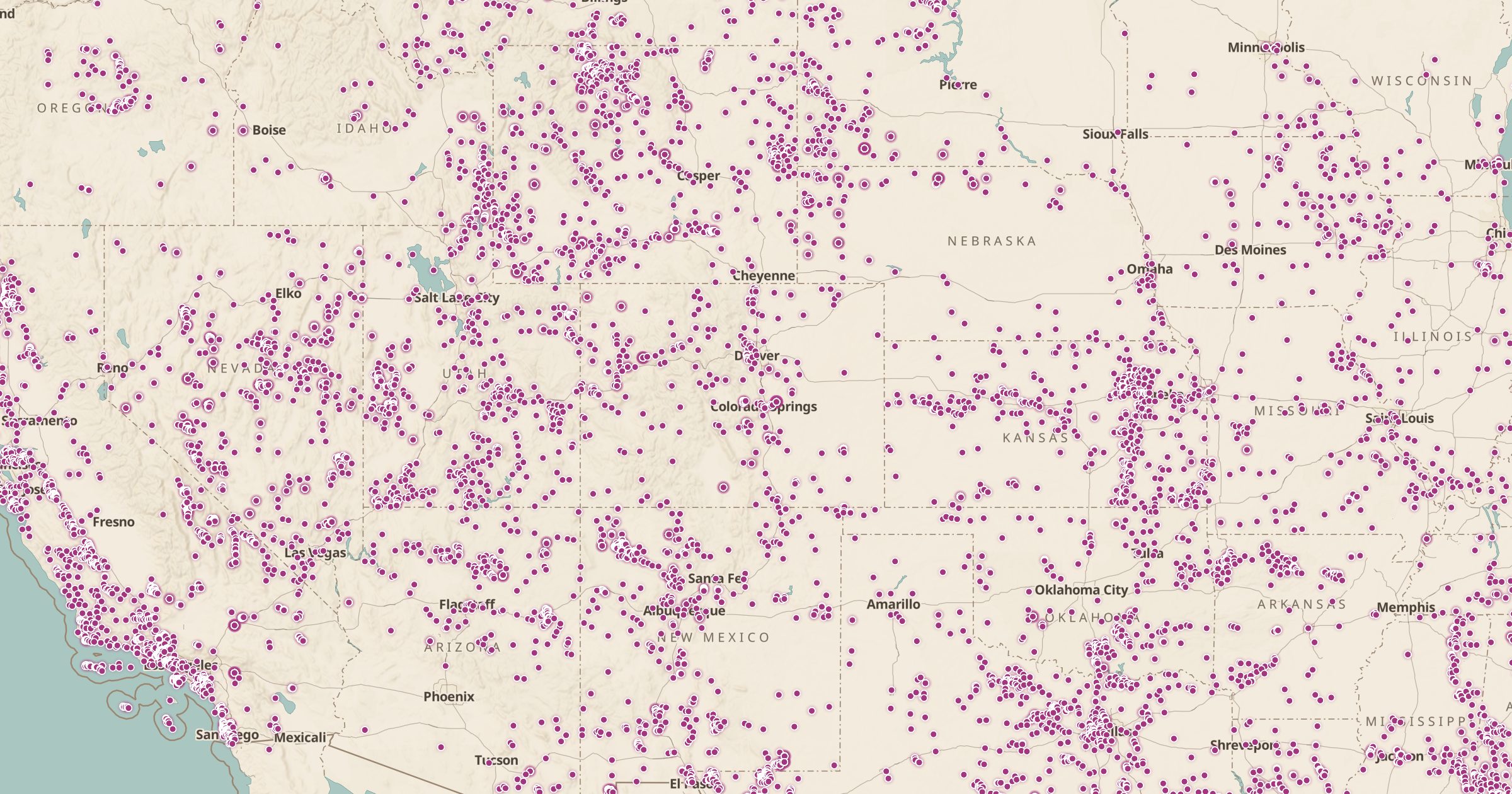 Map of the West with the Fossil Collections (PBDB) layer turned on in Bottomless Maps