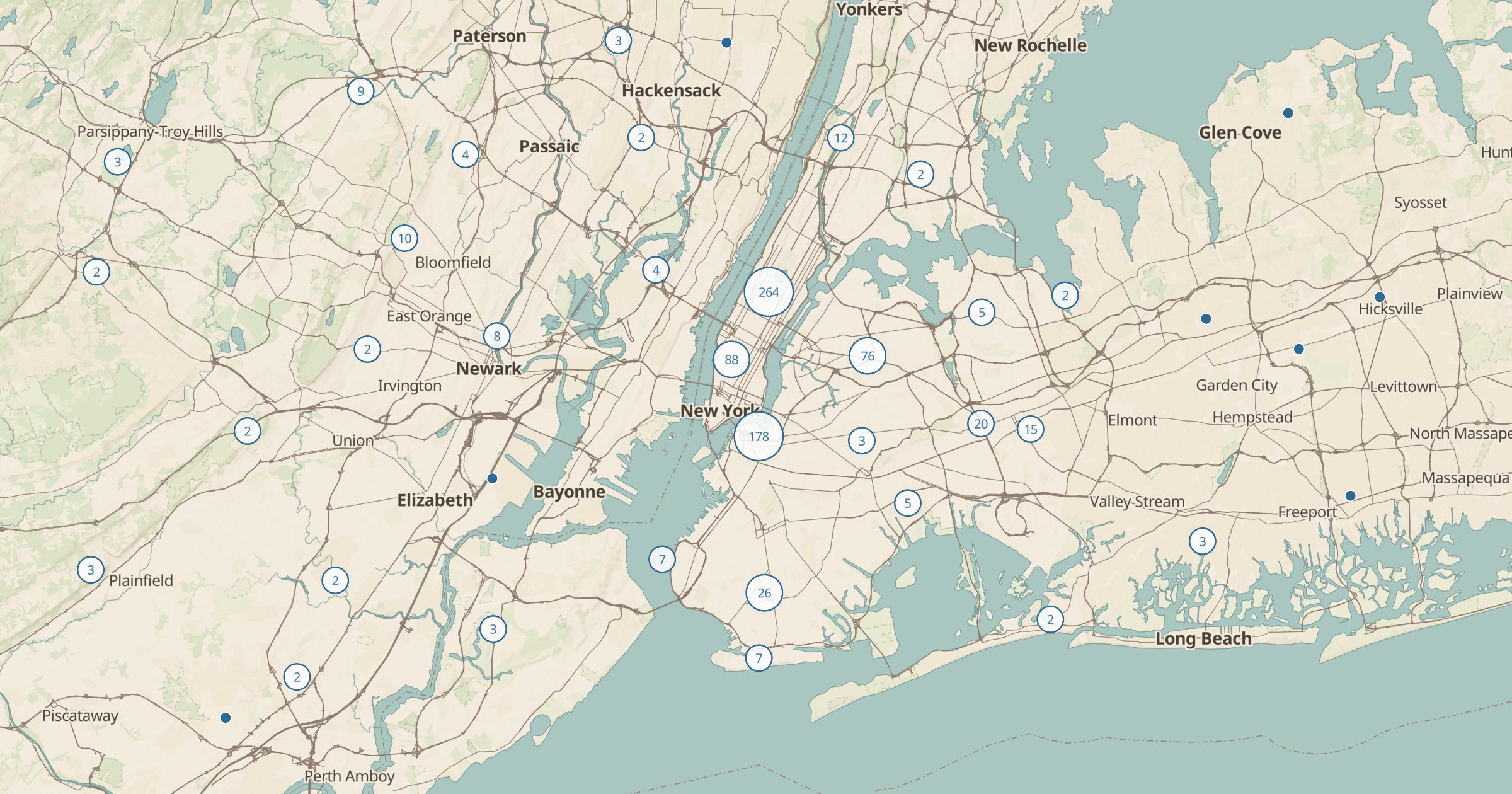 Map of New York City with the Free Wi-Fi (OSM) layer turned on in Bottomless Maps