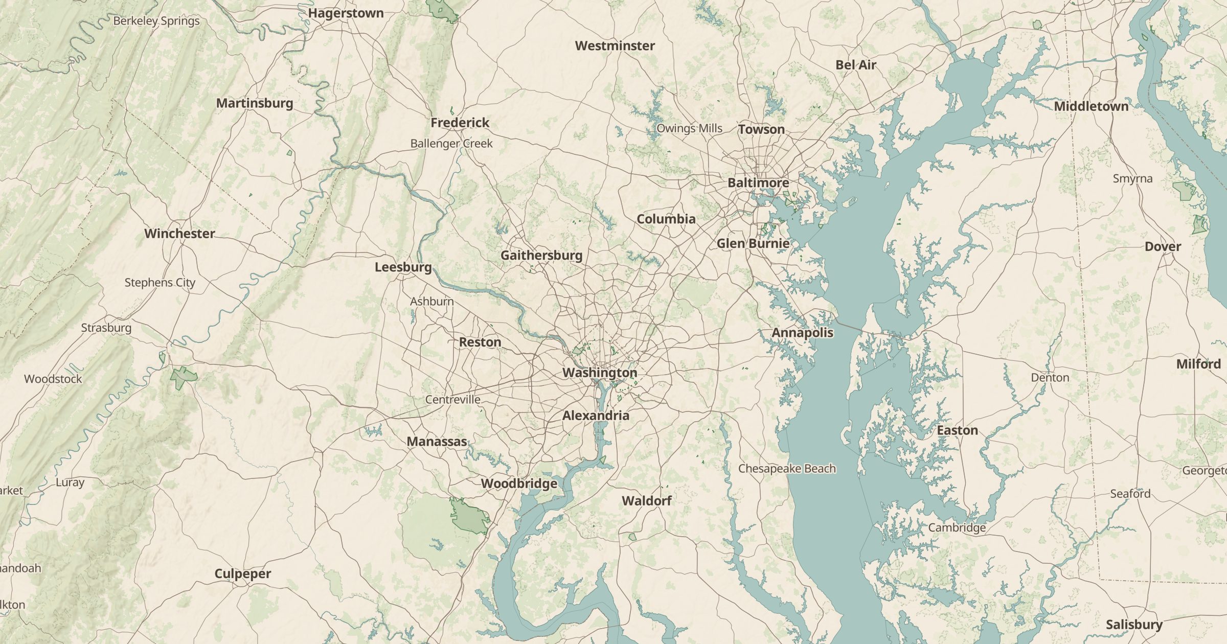 Map of Washington, DC, Maryland and Virginia with the Former Military Site Boundaries (FUDS) layer turned on in Bottomless Maps