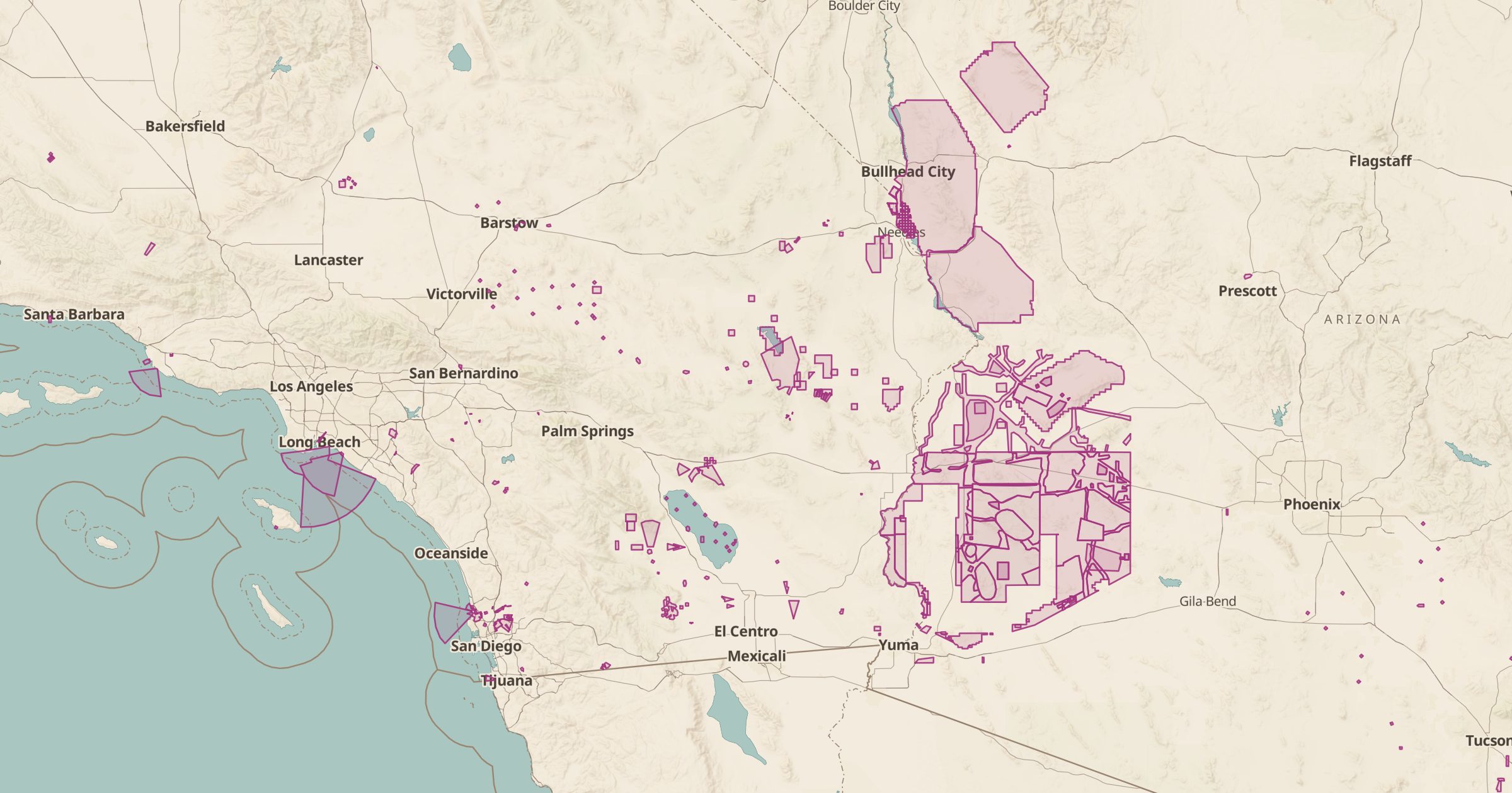 Map of the Mojave Desert in California and Arizona with the FUDS Munitions Response Sites layer turned on in Bottomless Maps