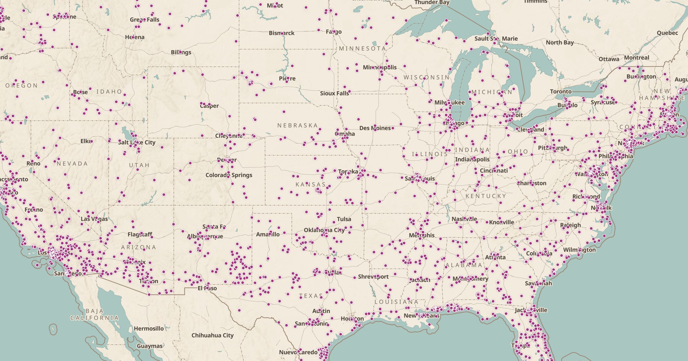 Map of the lower 48 with the Former Military Sites (FUDS) layer turned on in Bottomless Maps