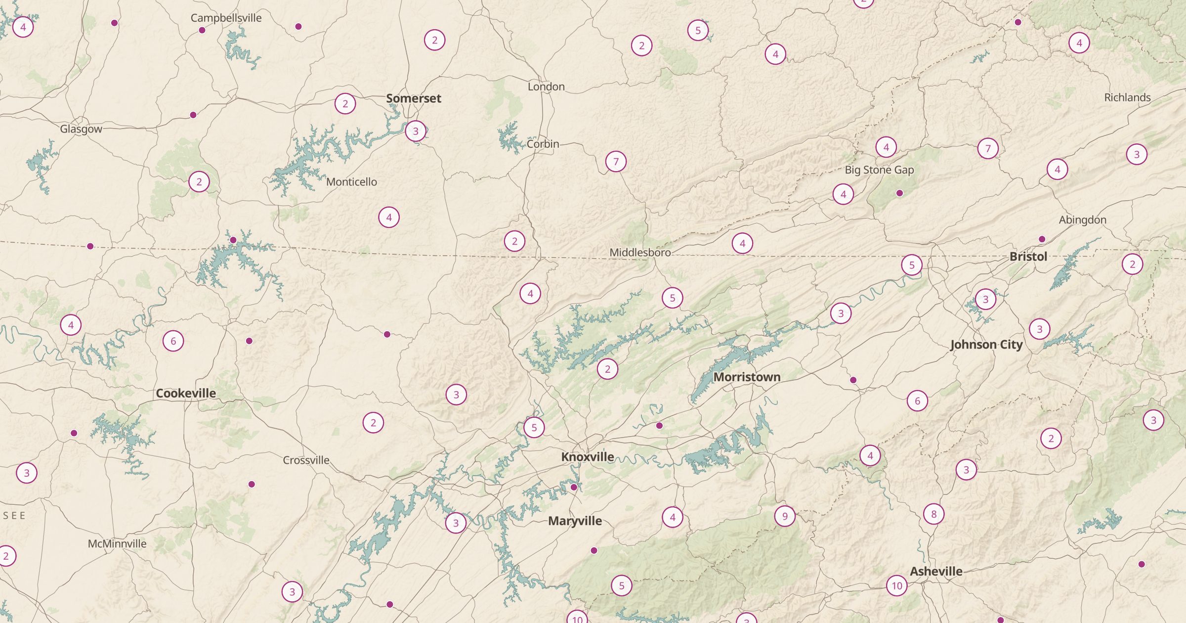 Map of East Tennessee and the Smokies with the Funny Place Names layer turned on in Bottomless Maps