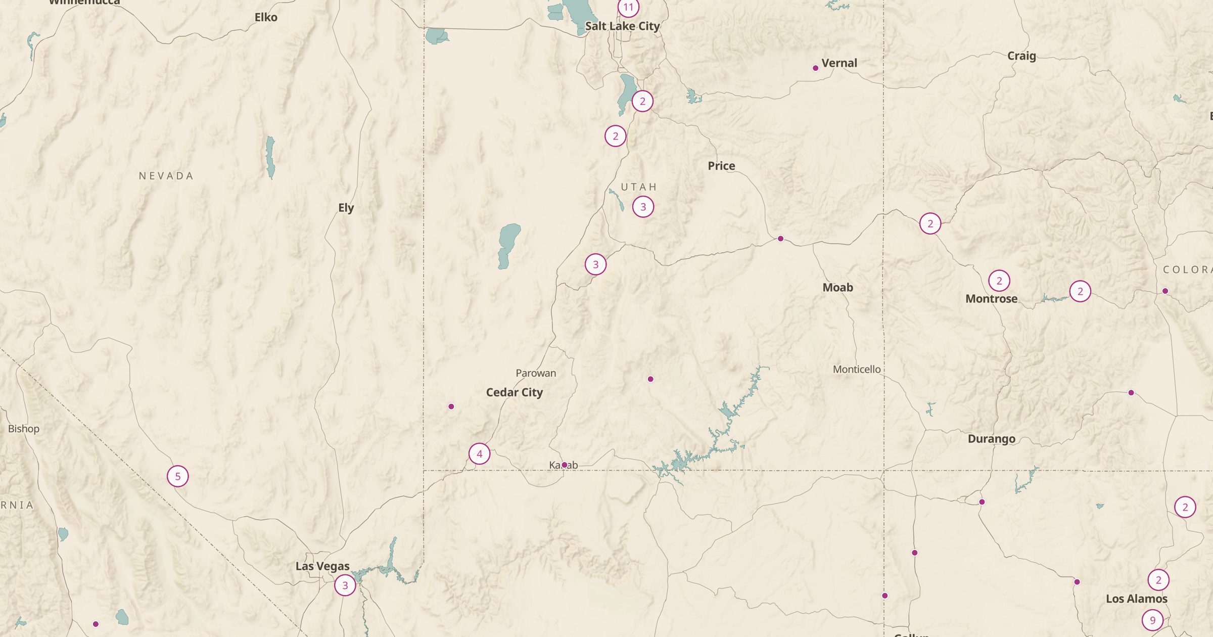 Map of Utah, Nevada and Arizona with the Geoglyphs & Hillside Letters (OSM) layer turned on in Bottomless Maps