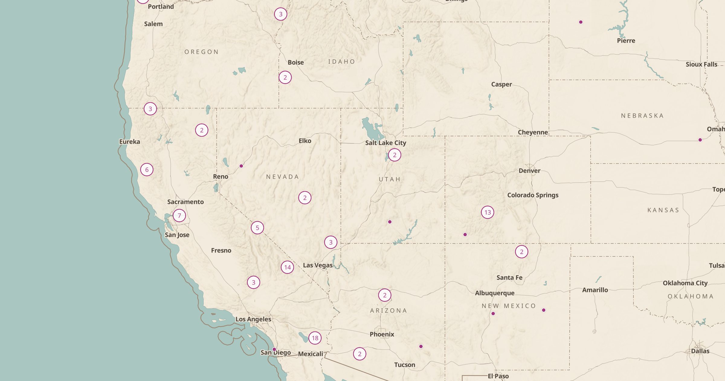 Map of the West with the Ghost Towns (OSM) layer turned on in Bottomless Maps