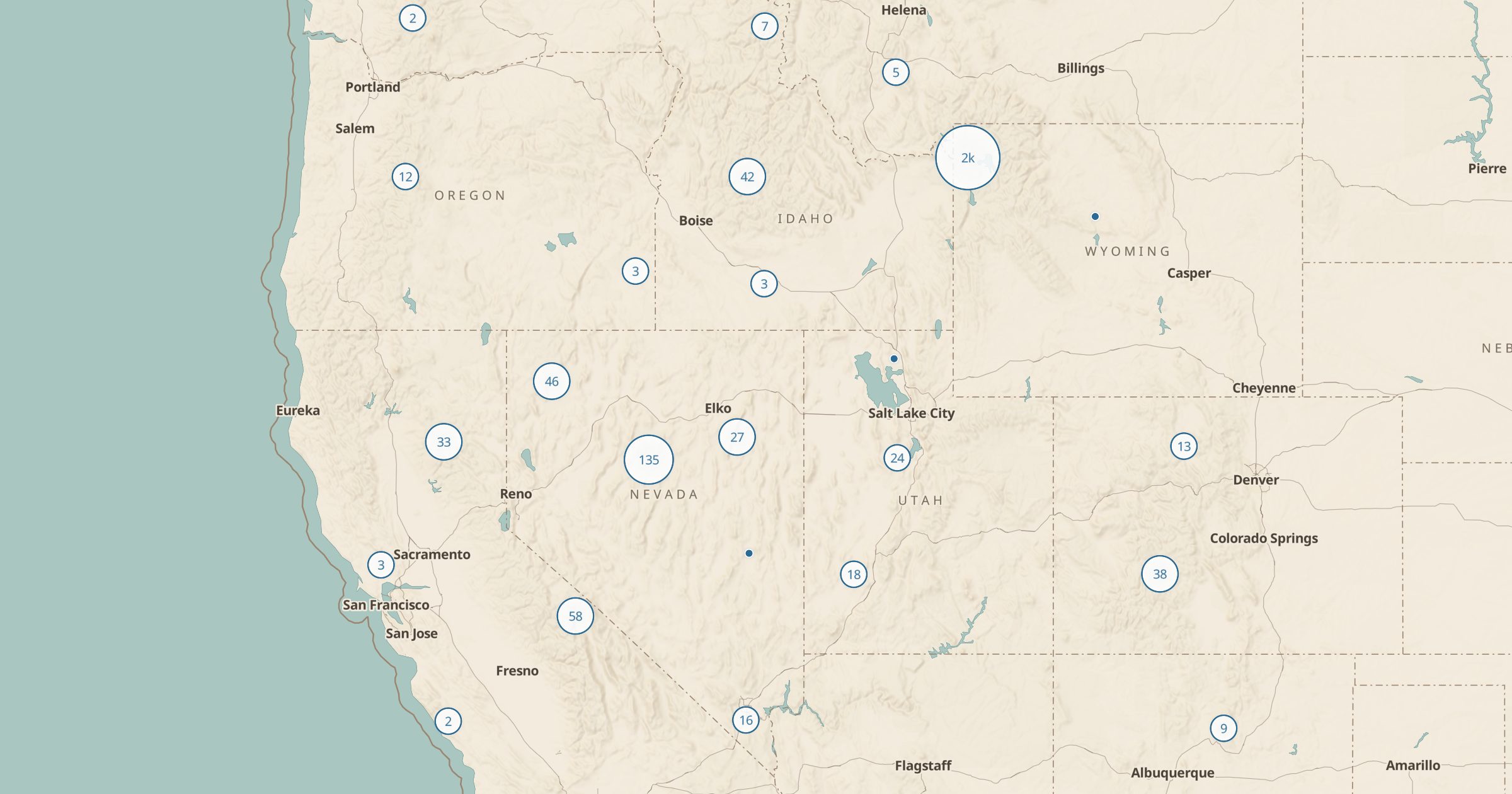 Map of the Great Basin and Rockies with the Hot Springs (OSM) layer turned on in Bottomless Maps