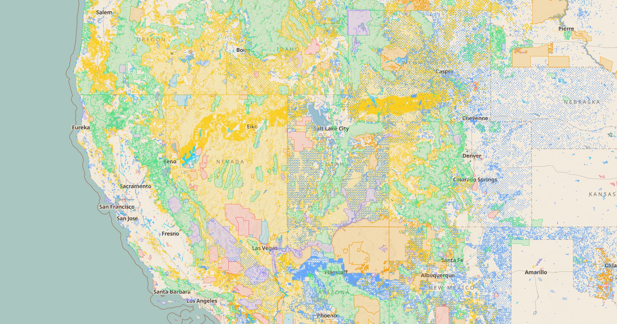 Map of the West with the Land Ownership (SMA) layer turned on in Bottomless Maps