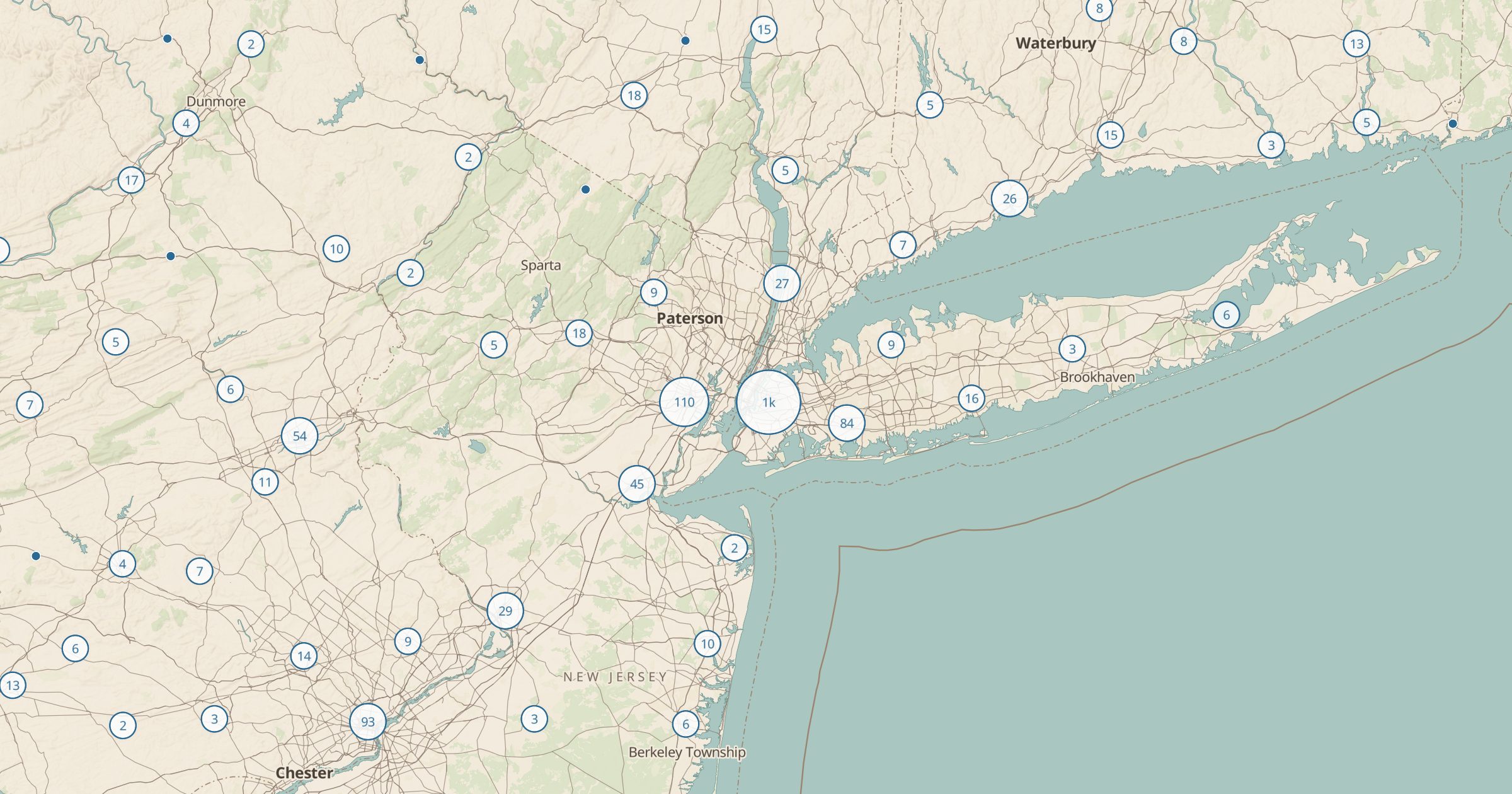 Map of New York City with the Laundromats (OSM) layer turned on in Bottomless Maps
