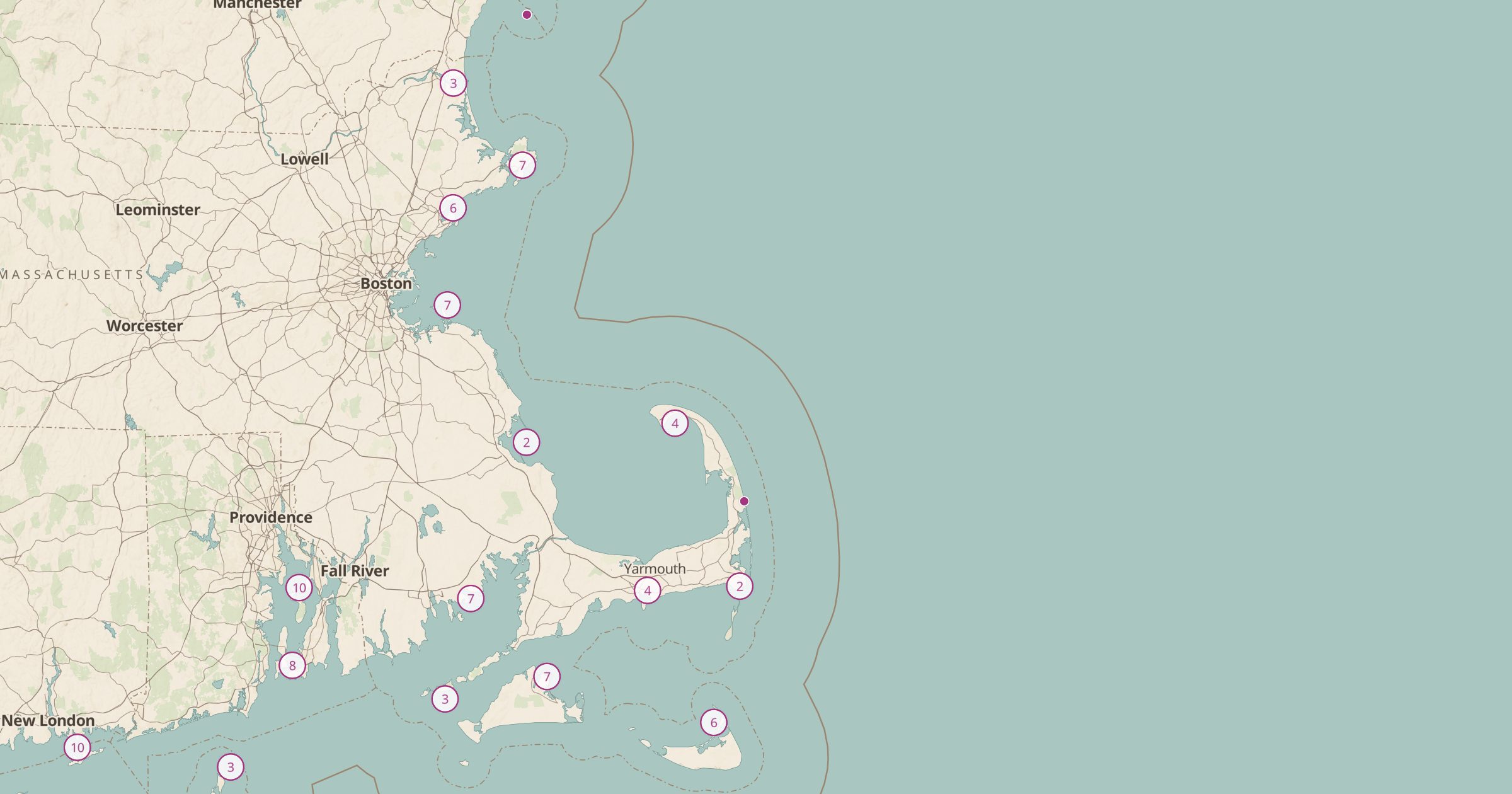 Map of Cape Cod and Massachusetts Bay with the Historic Lighthouses layer turned on in Bottomless Maps