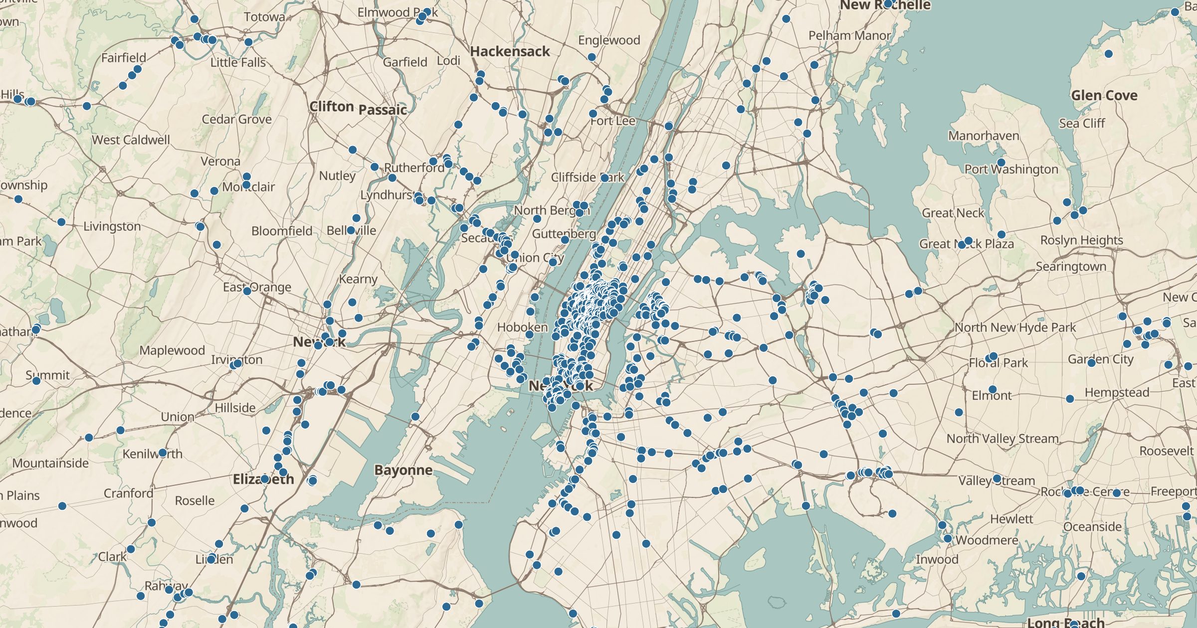 Map of Manhattan with the Hotels, Motels & Hostels (OSM) layer turned on in Bottomless Maps