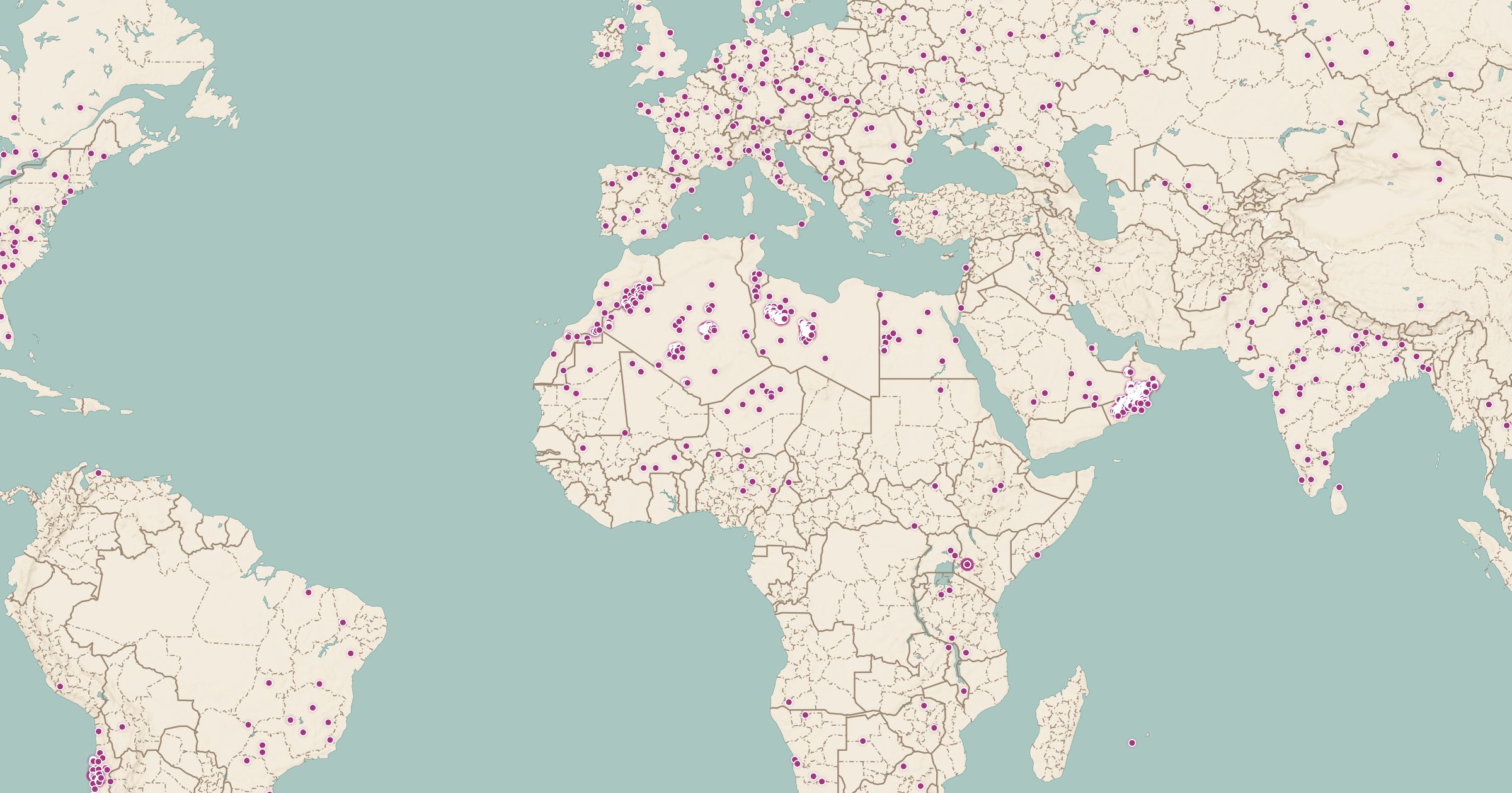 Map of the world with the Meteorite Landings layer turned on in Bottomless Maps