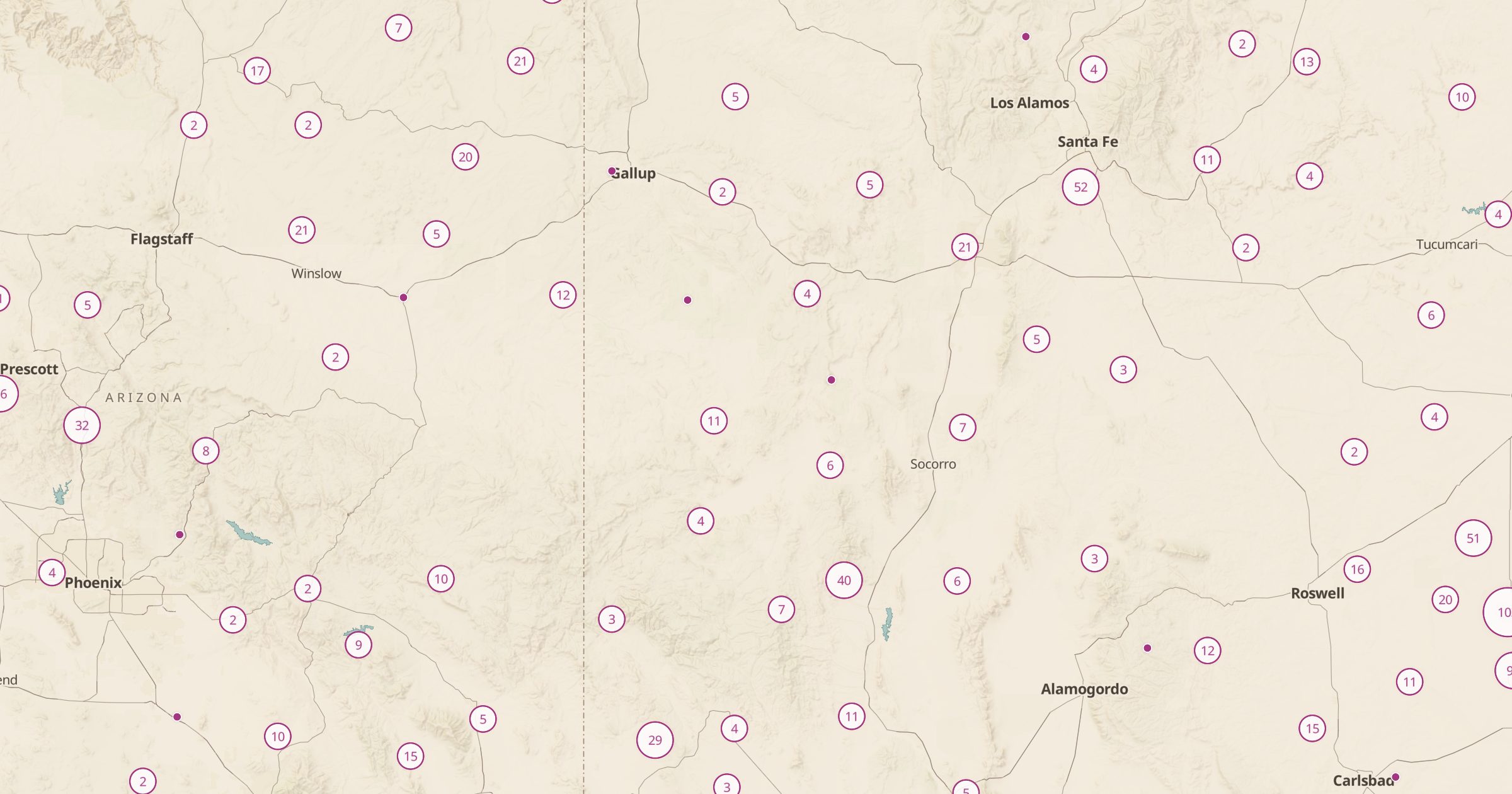 Map of eastern New Mexico and West Texas with the Windmills & Watermills (OSM) layer turned on in Bottomless Maps