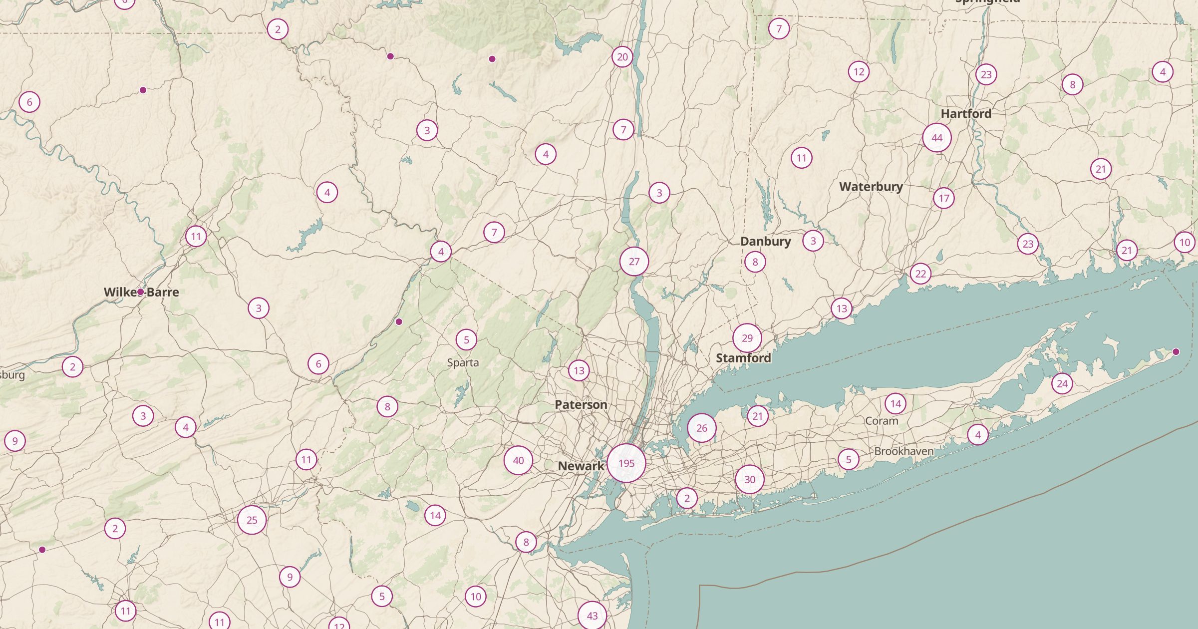 Map of New York and New Jersey with the Museums (OSM) layer turned on in Bottomless Maps