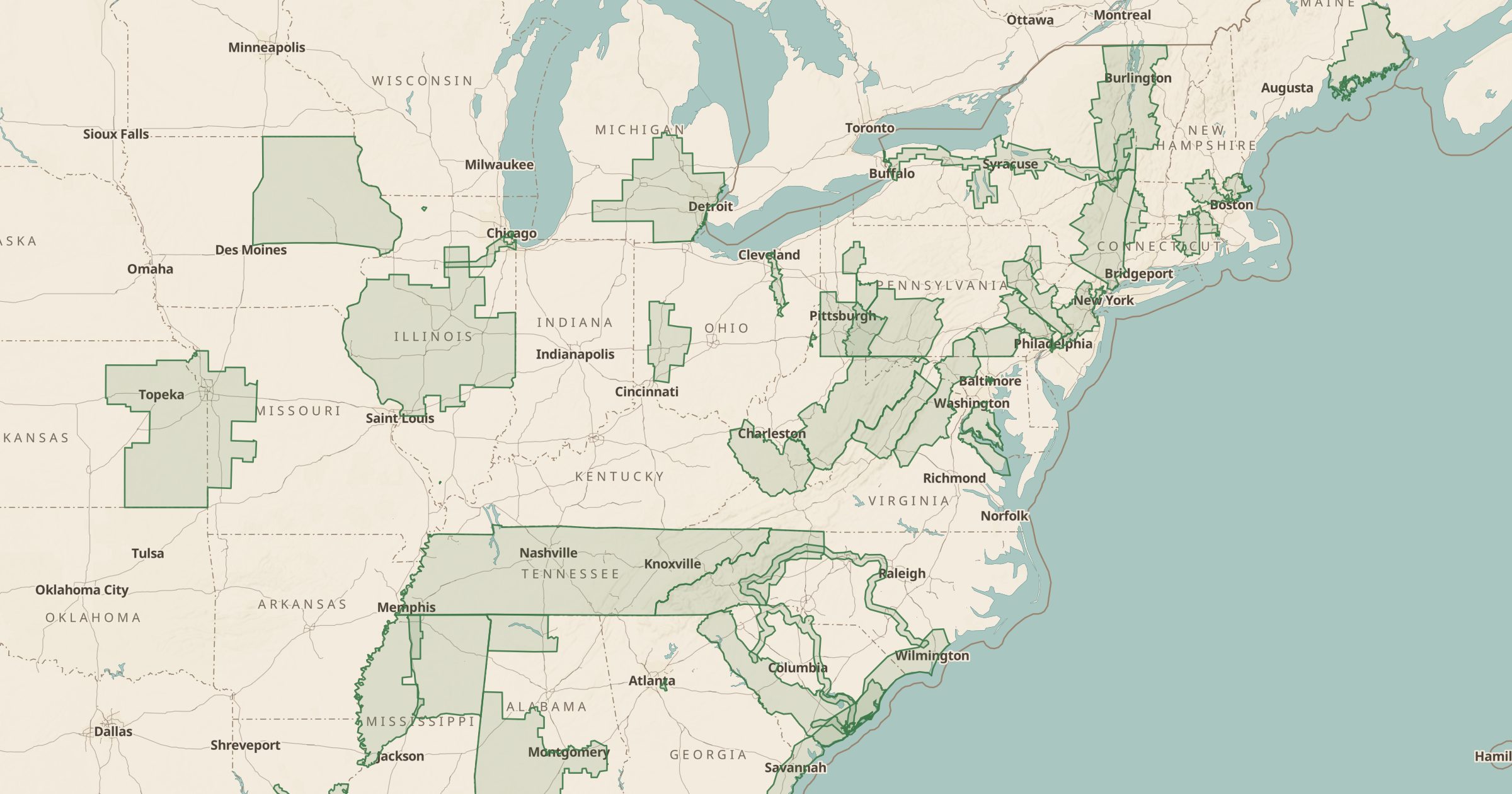 Map of the eastern US with the National Heritage Areas layer turned on in Bottomless Maps