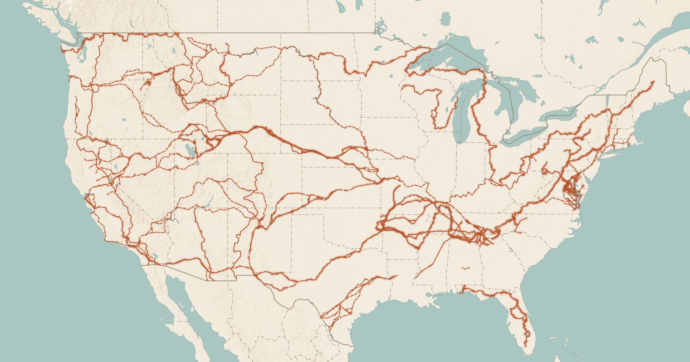 Map of the lower 48 with the National Scenic & Historic Trails layer turned on in Bottomless Maps