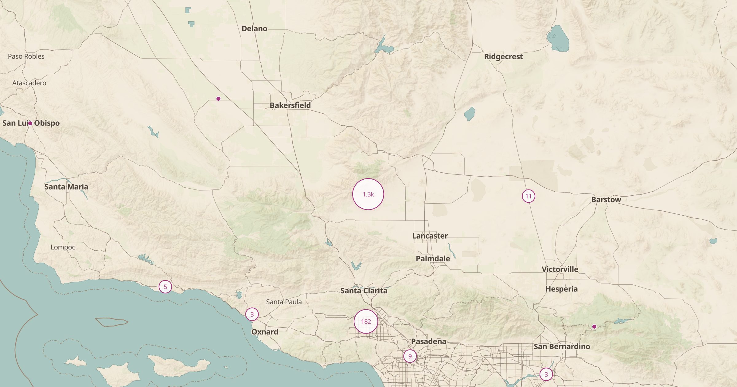 Map of Southern California with the Notable Trees (OSM) layer turned on in Bottomless Maps