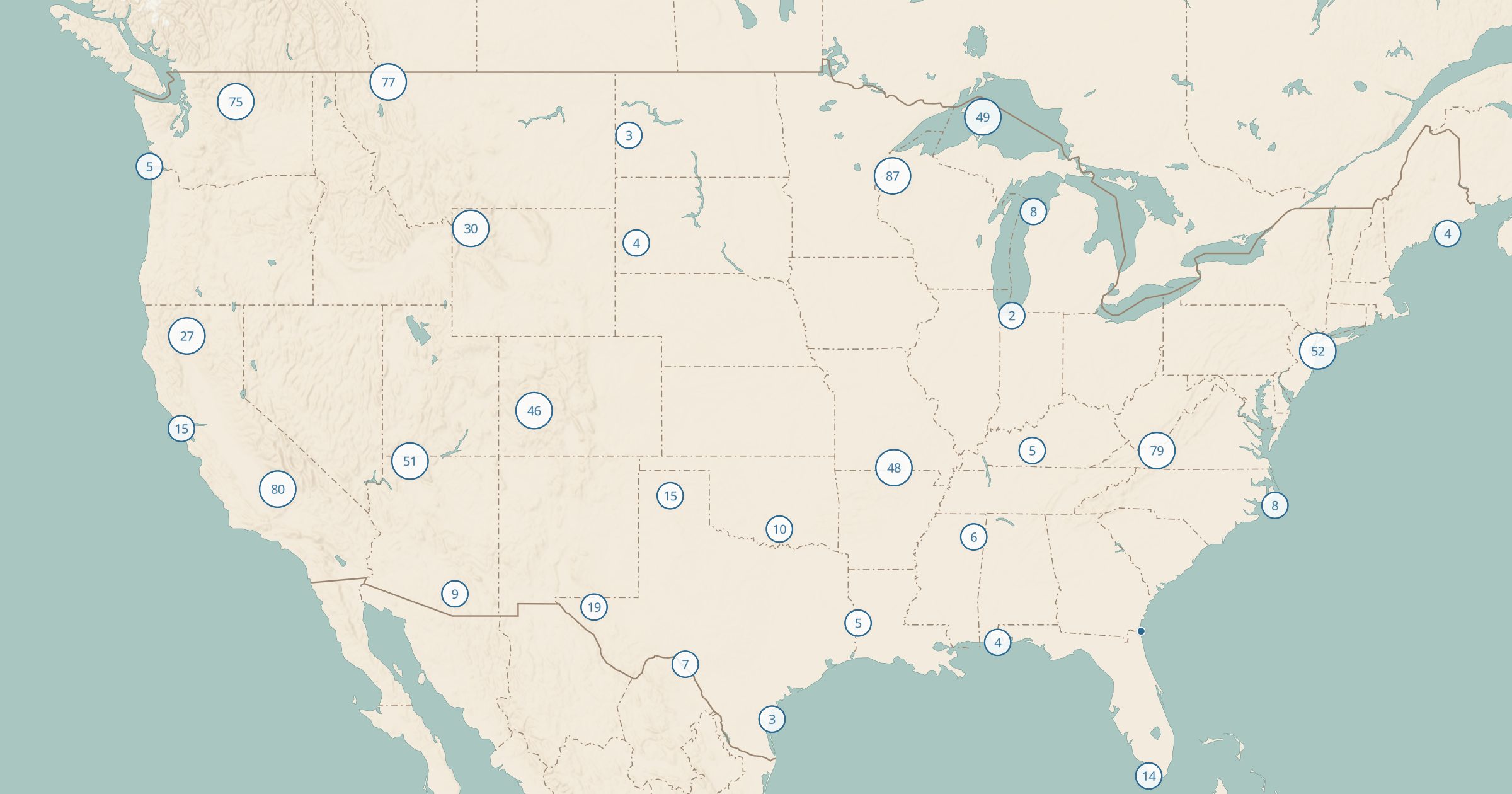 Map of the lower 48 with the NPS Campgrounds layer turned on in Bottomless Maps
