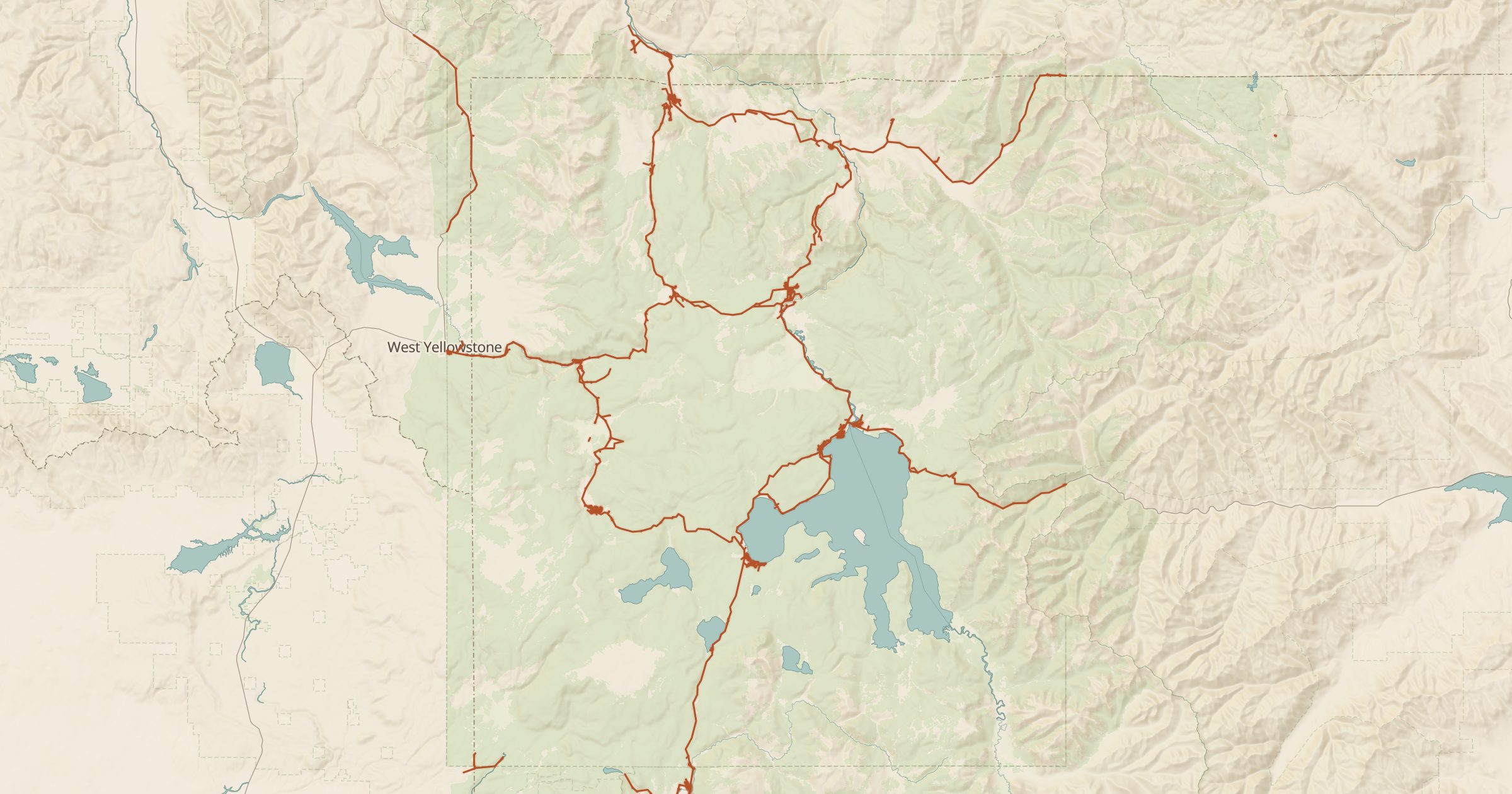Map of Yellowstone with the National Park Roads layer turned on in Bottomless Maps