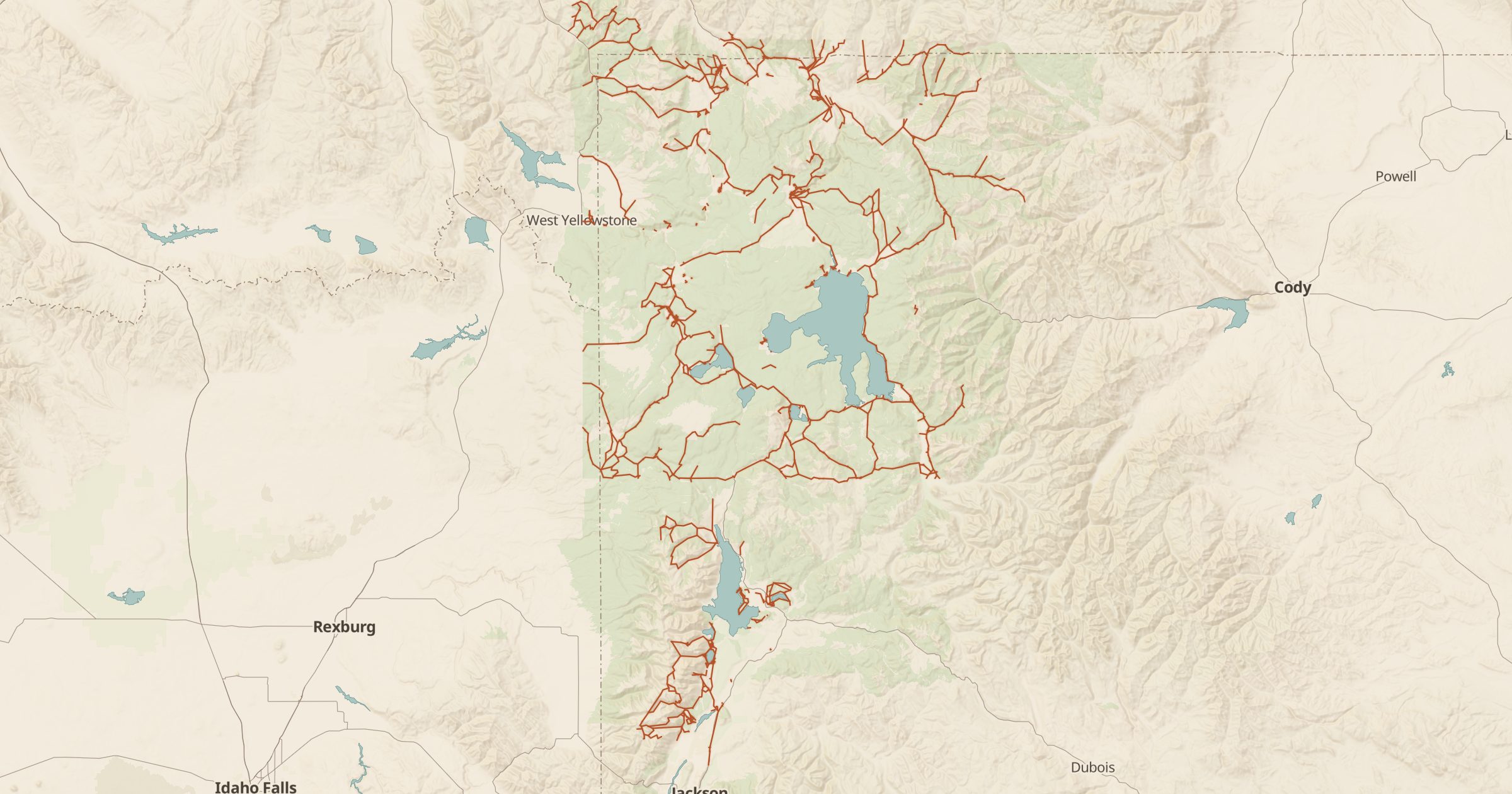 Map of Yellowstone and Grand Teton with the National Park Trails layer turned on in Bottomless Maps