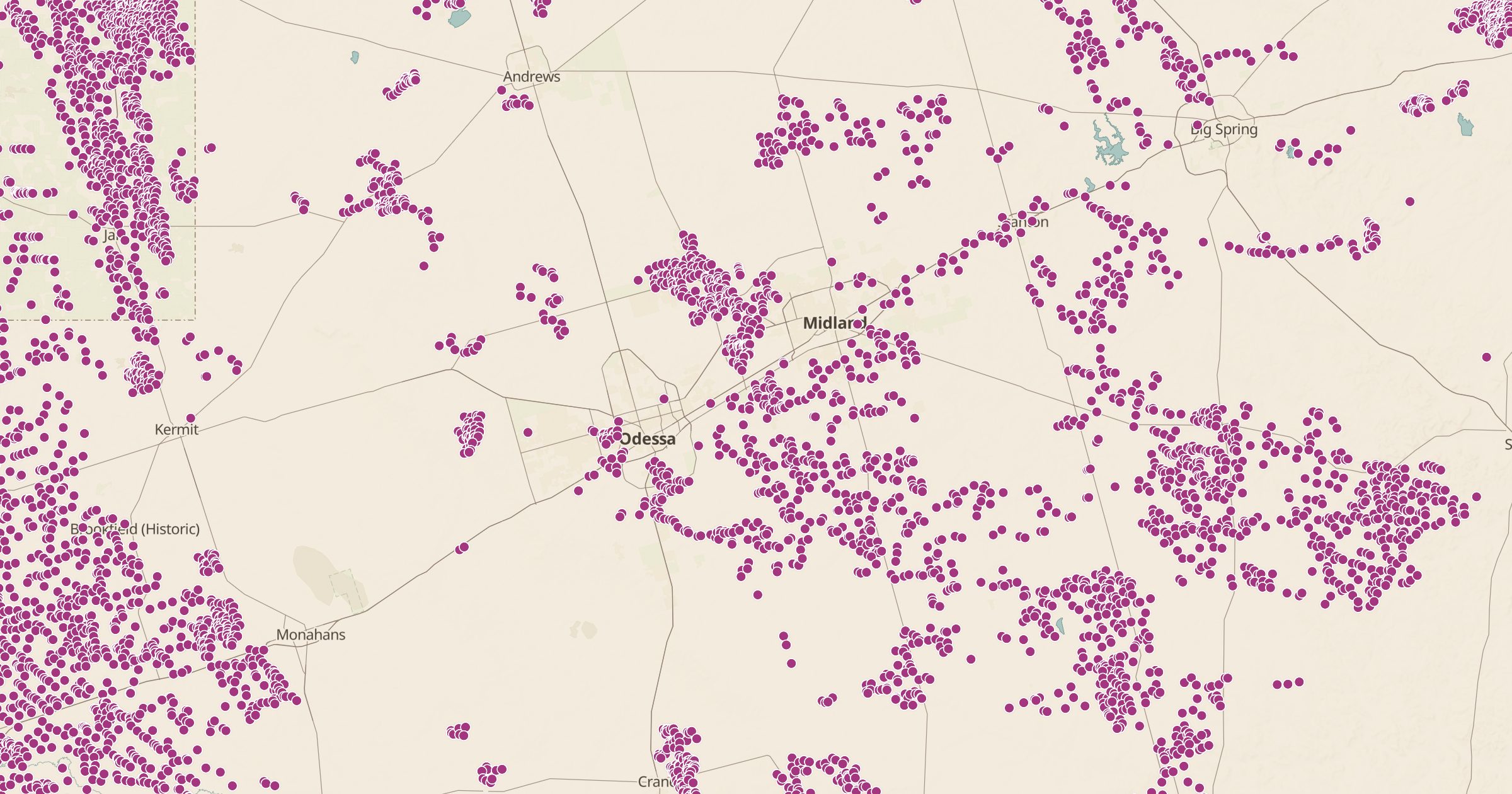 Map of the Permian Basin in Texas with the Oil & Gas Wells (OSM) layer turned on in Bottomless Maps