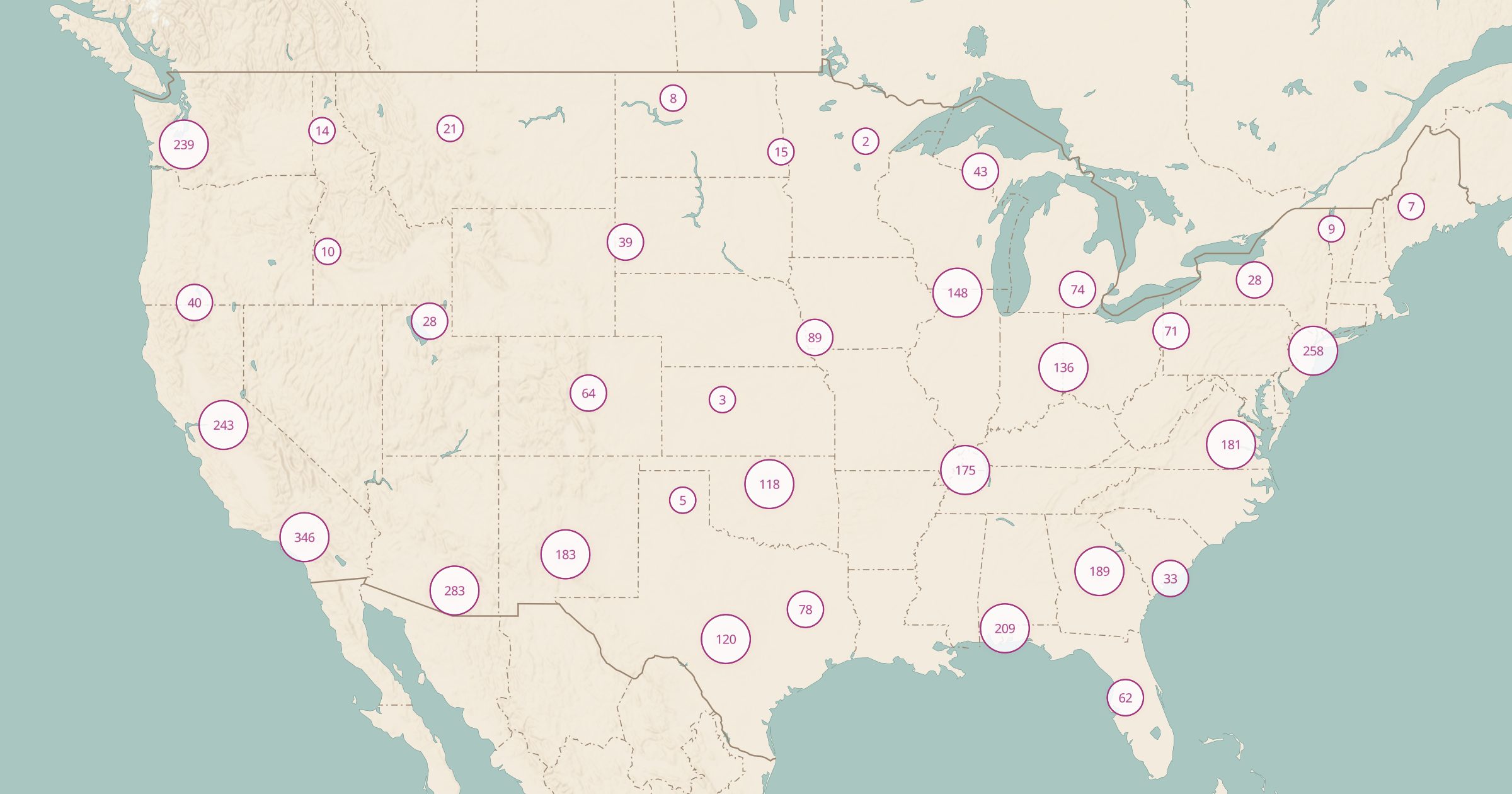 Map of the lower 48 with the Planes, Trains & Tanks on Display (OSM) layer turned on in Bottomless Maps