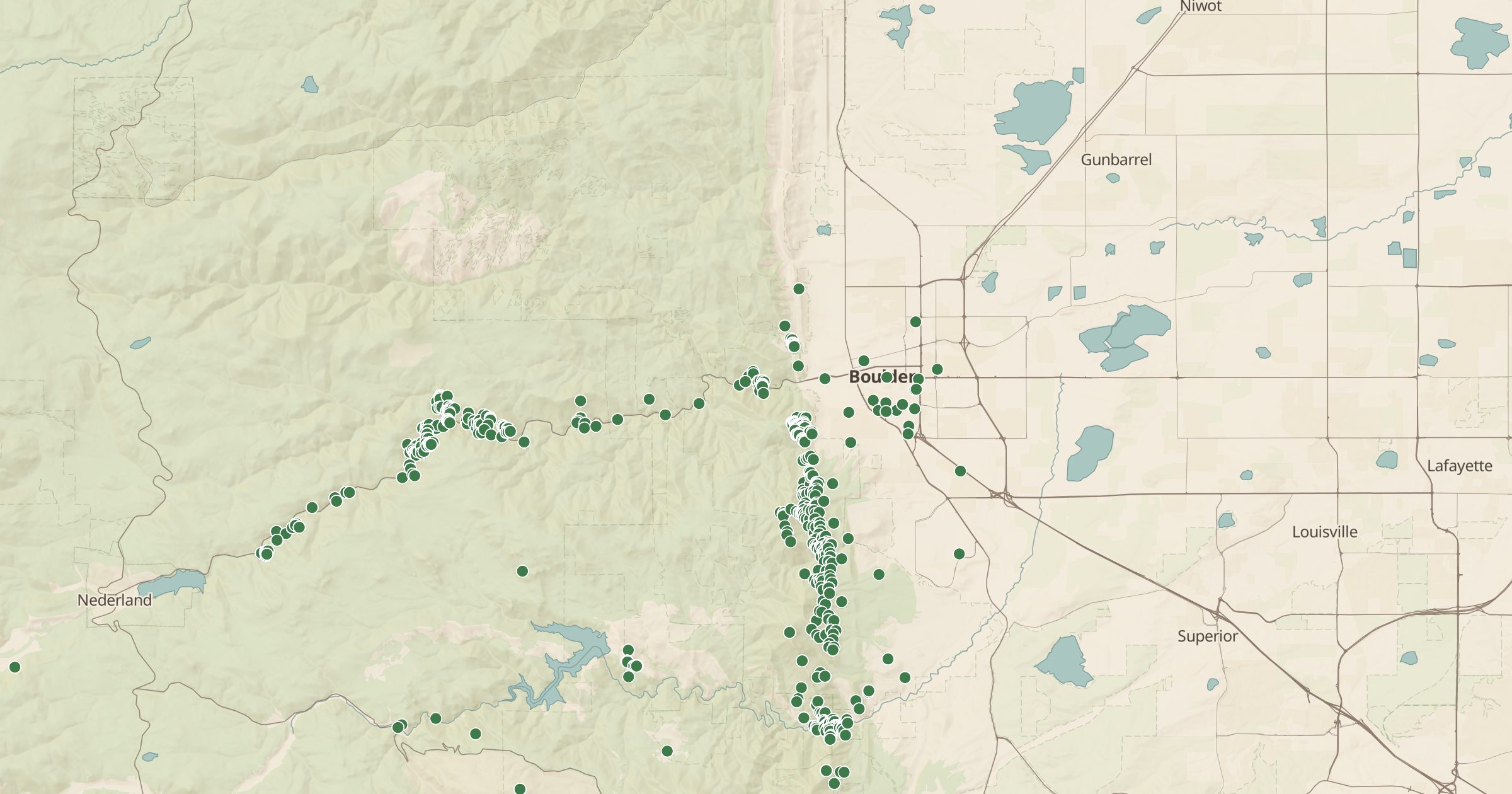 Map of Boulder, Colorado with the Climbing Routes (OpenBeta) layer turned on in Bottomless Maps