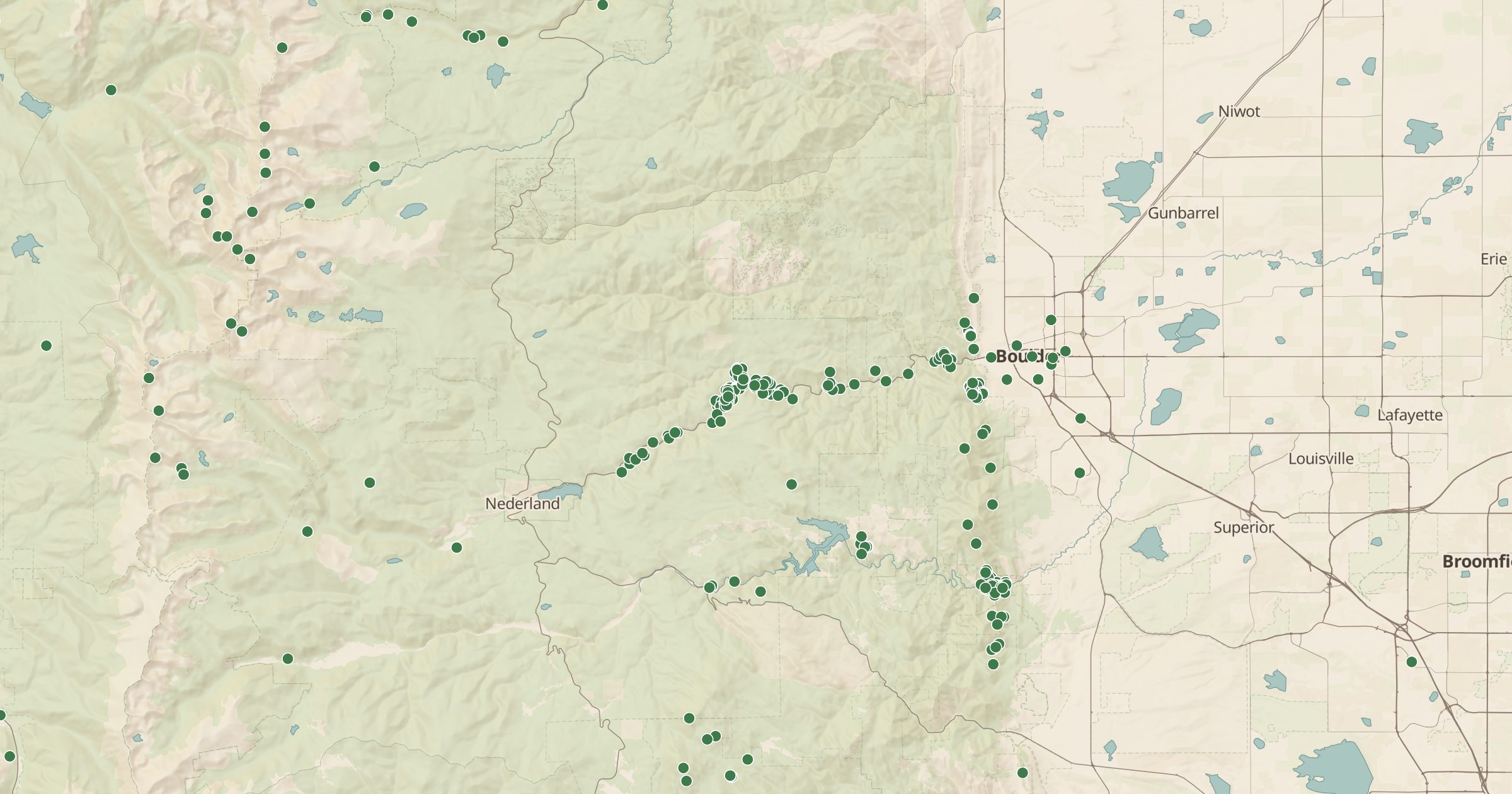 Map of Boulder and the Front Range with the Climbing Areas (OpenBeta) layer turned on in Bottomless Maps